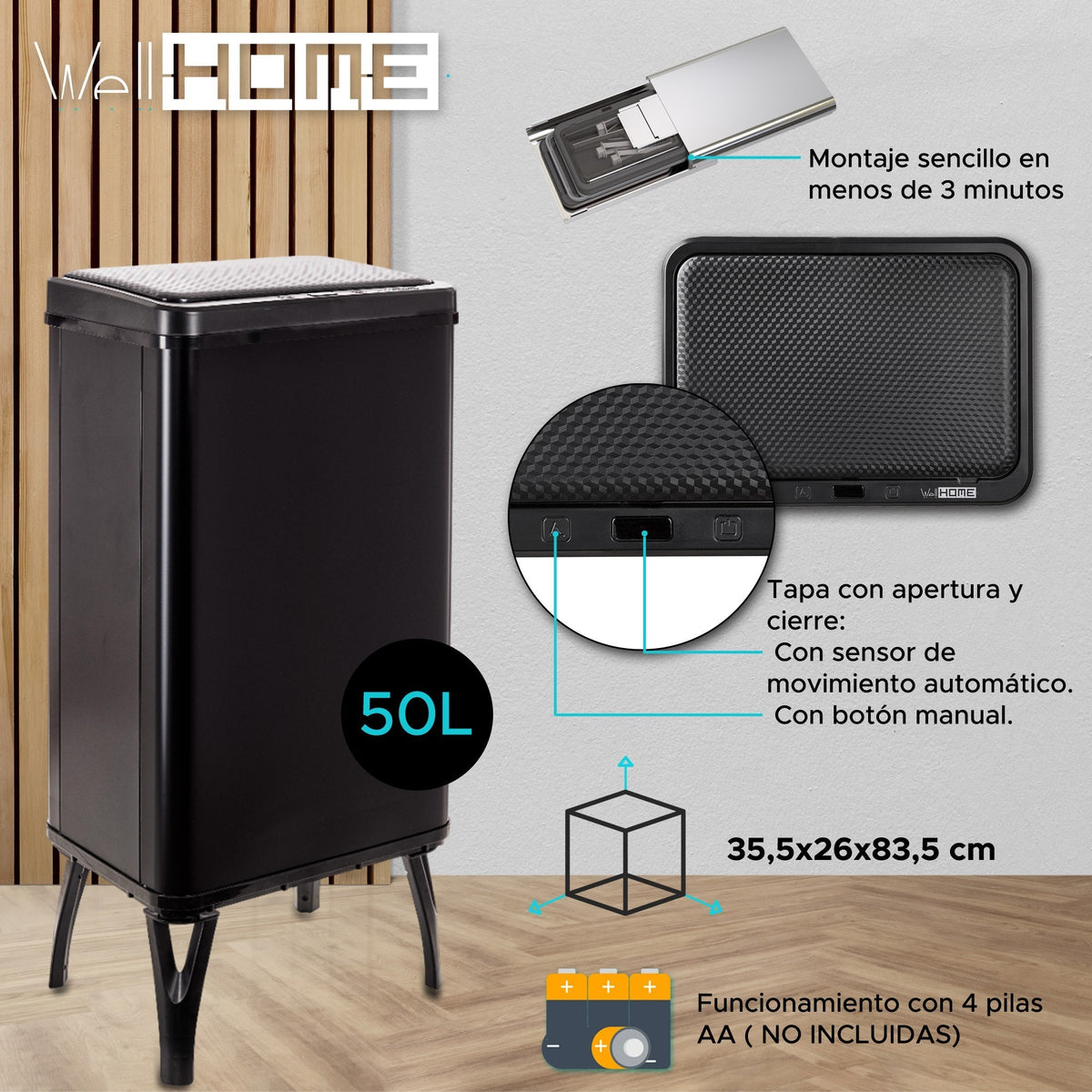 Cubo de basura inteligente apertura automática 50L negro (2)