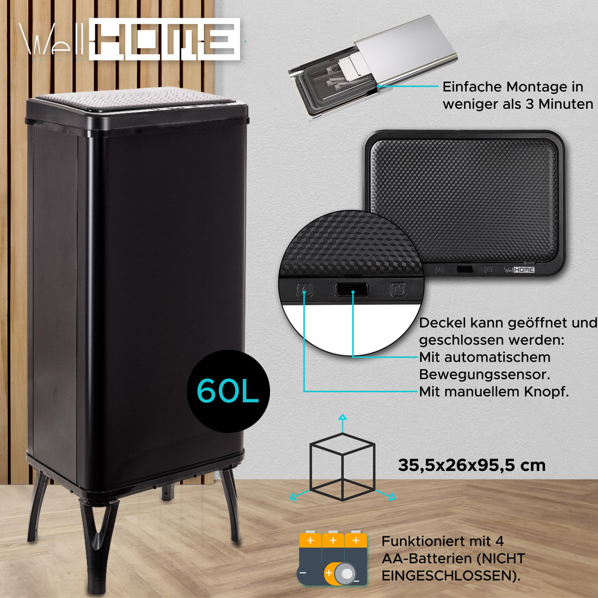 Cubo de basura inteligente apertura automática 60L negro (15)