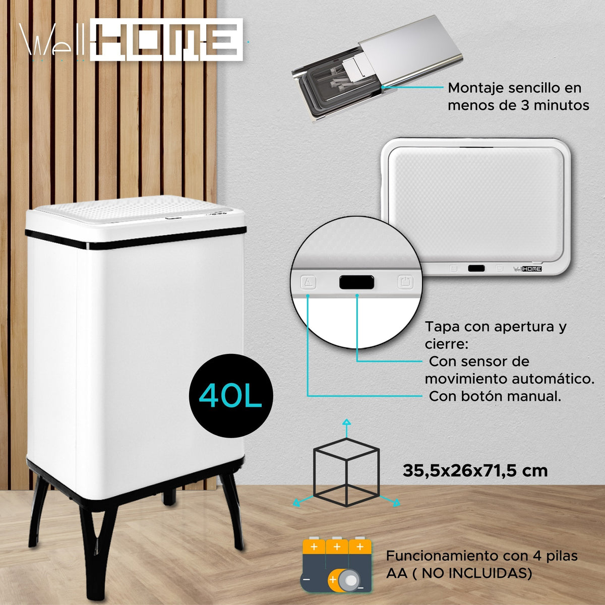 Cubo de basura inteligente apertura automática 40L blanco (2)