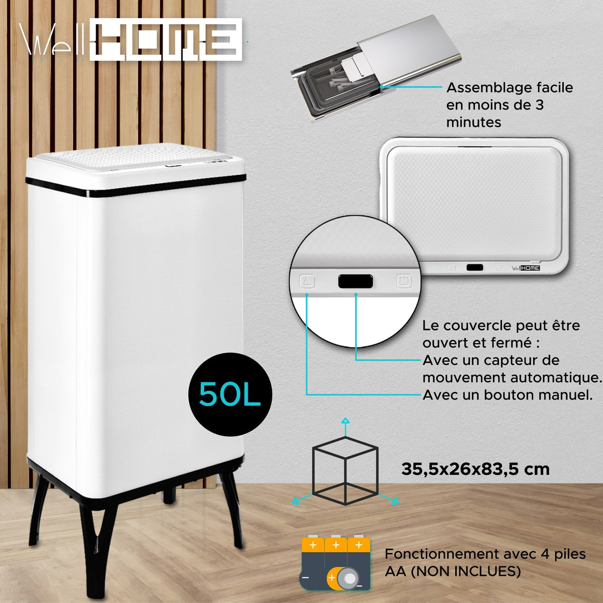 Cubo de basura inteligente apertura automática 50L blanco (12)
