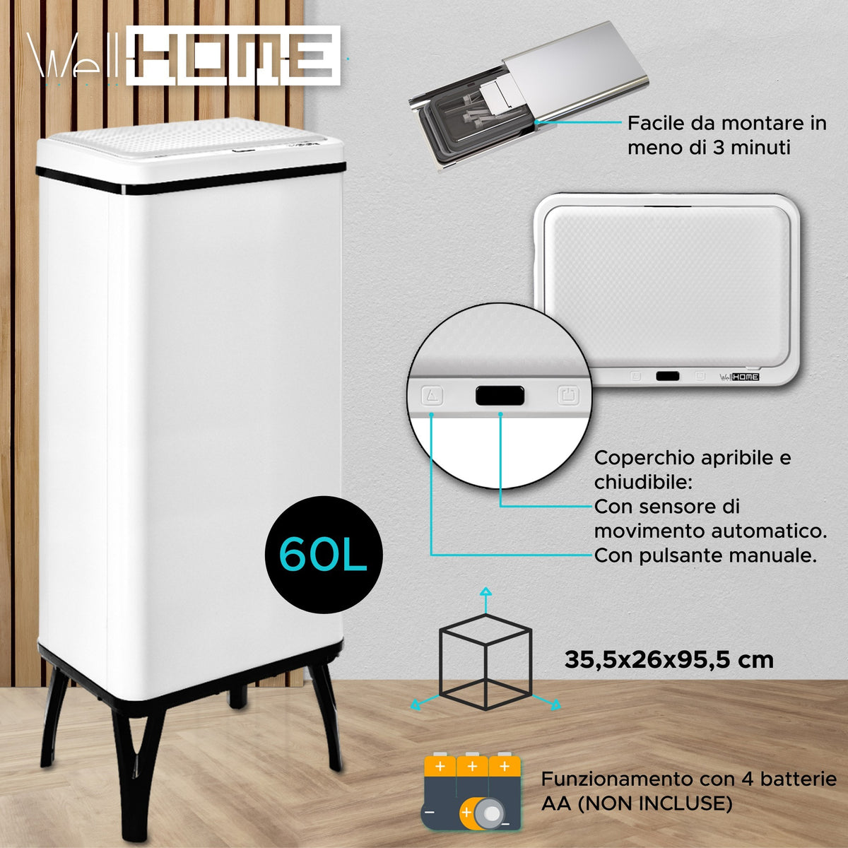 Cubo de basura inteligente apertura automática 60L blanco (12)