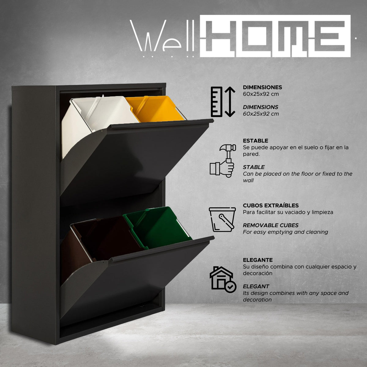 Cubo de reciclaje metálico 4 compartimentos 4x17L negro mate (3)