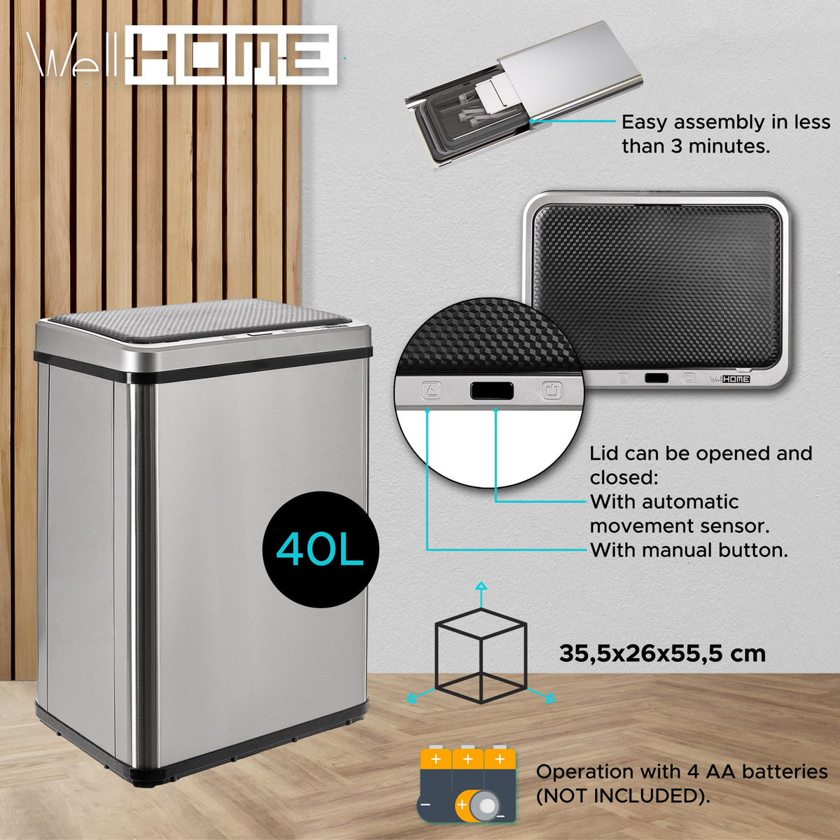 Cubo de basura inteligente sin patas apertura automática 40L gris (12)
