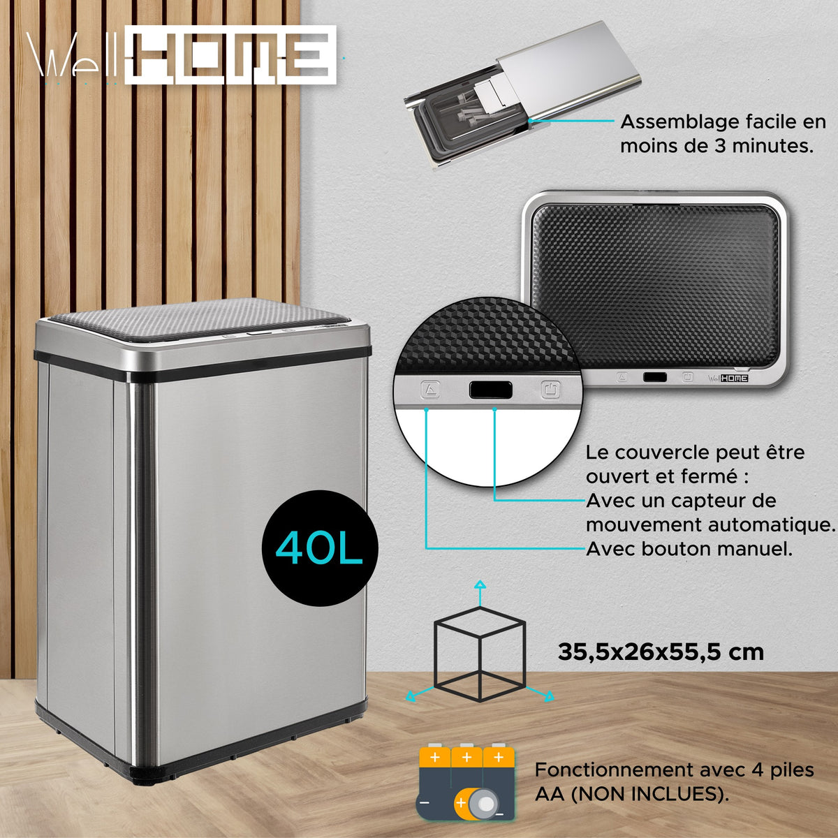 Cubo de basura inteligente sin patas apertura automática 40L gris (13)