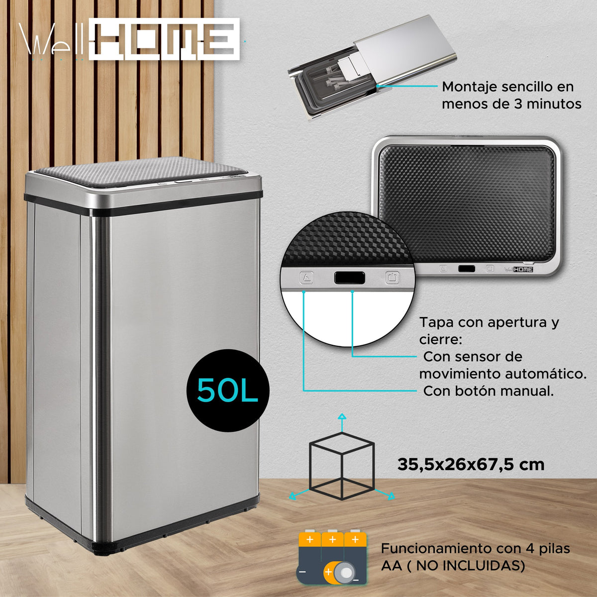 Cubo de basura inteligente sin patas apertura automática 50L gris (2)