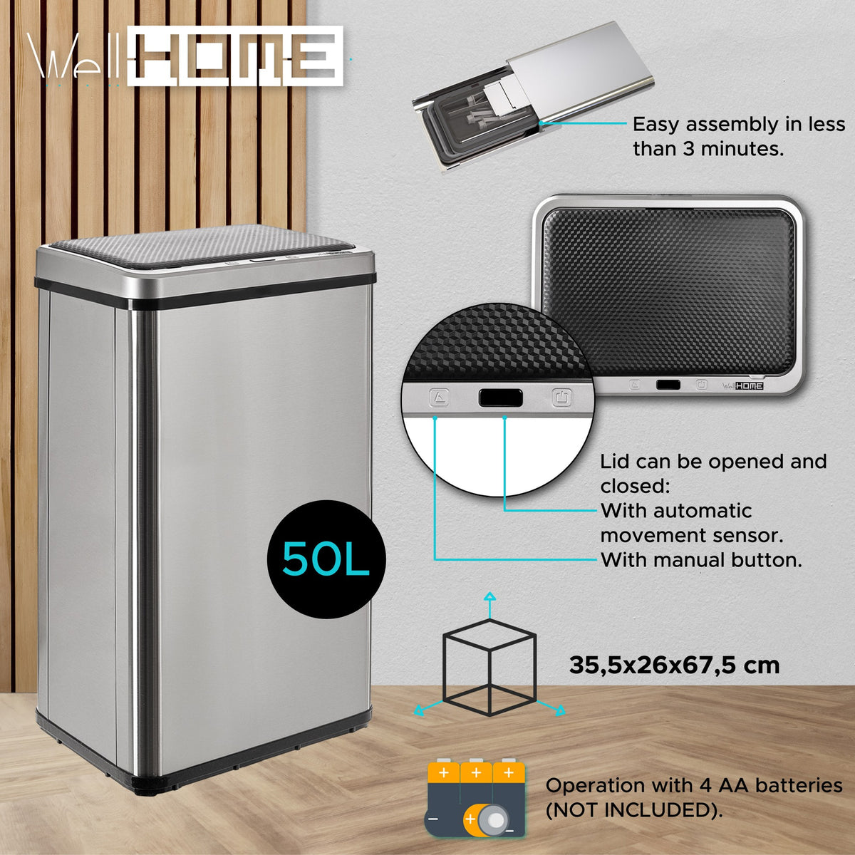 Cubo de basura inteligente sin patas apertura automática 50L gris (12)