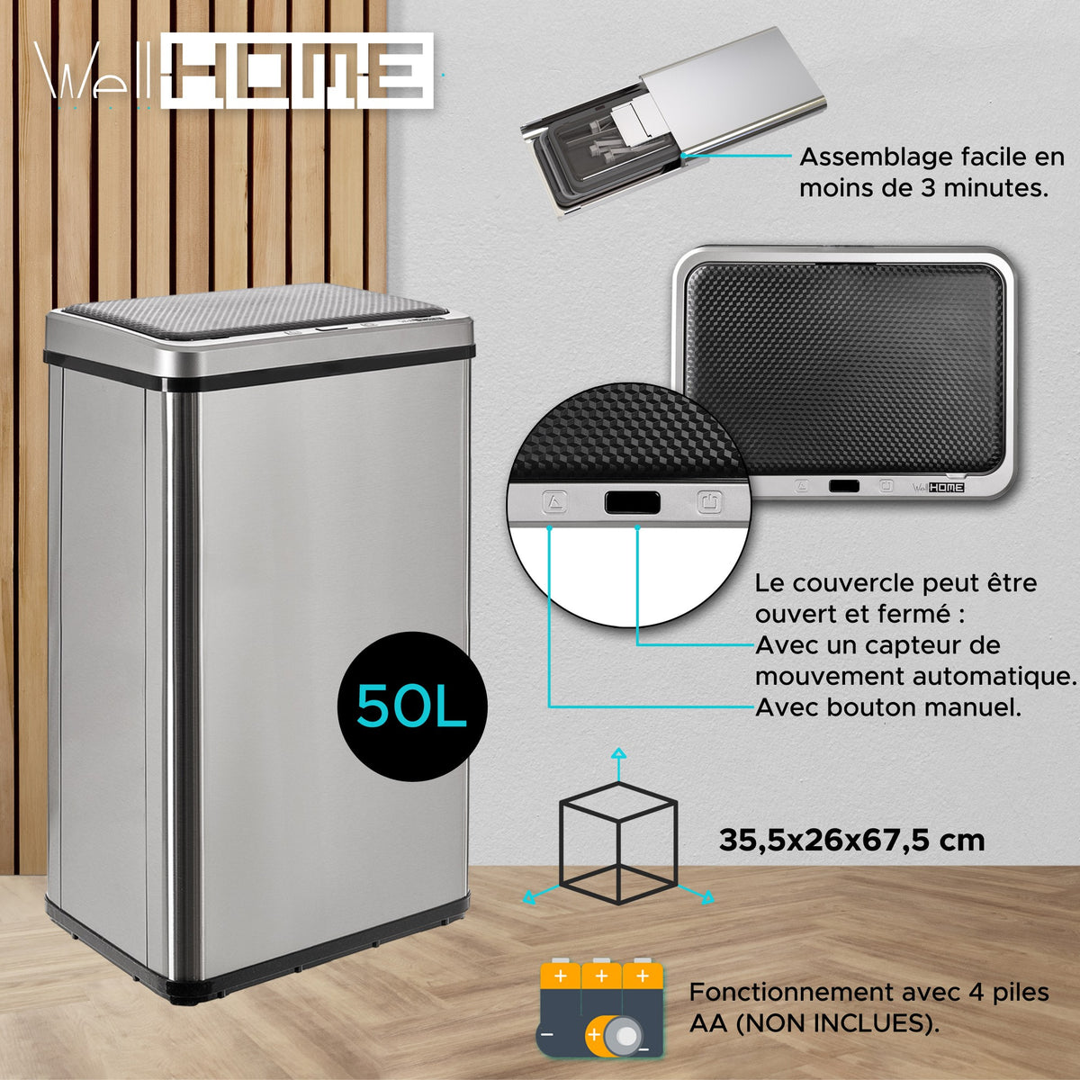 Cubo de basura inteligente sin patas apertura automática 50L gris (13)