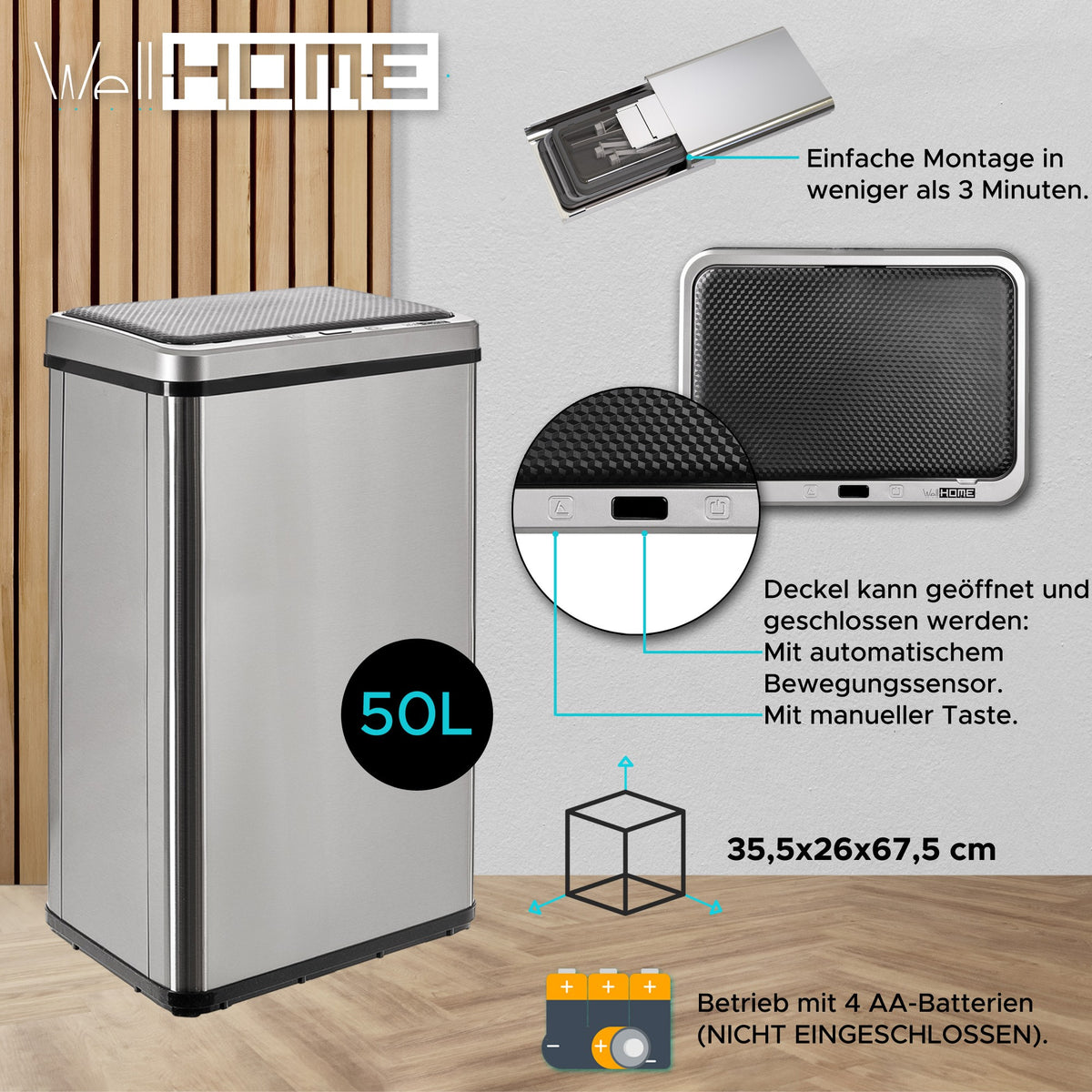 Cubo de basura inteligente sin patas apertura automática 50L gris (15)