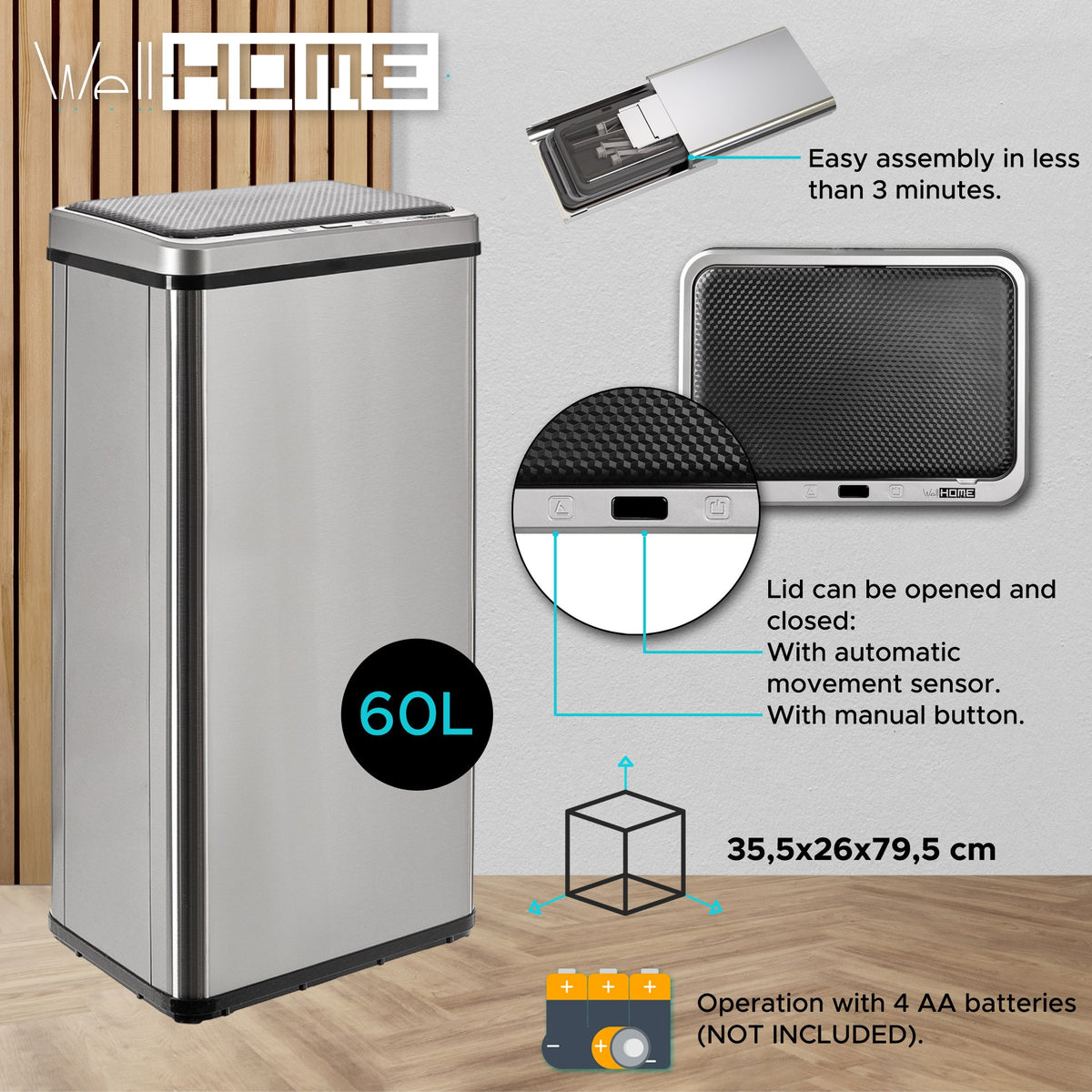 Cubo de basura inteligente sin patas apertura automática 60L gris (12)