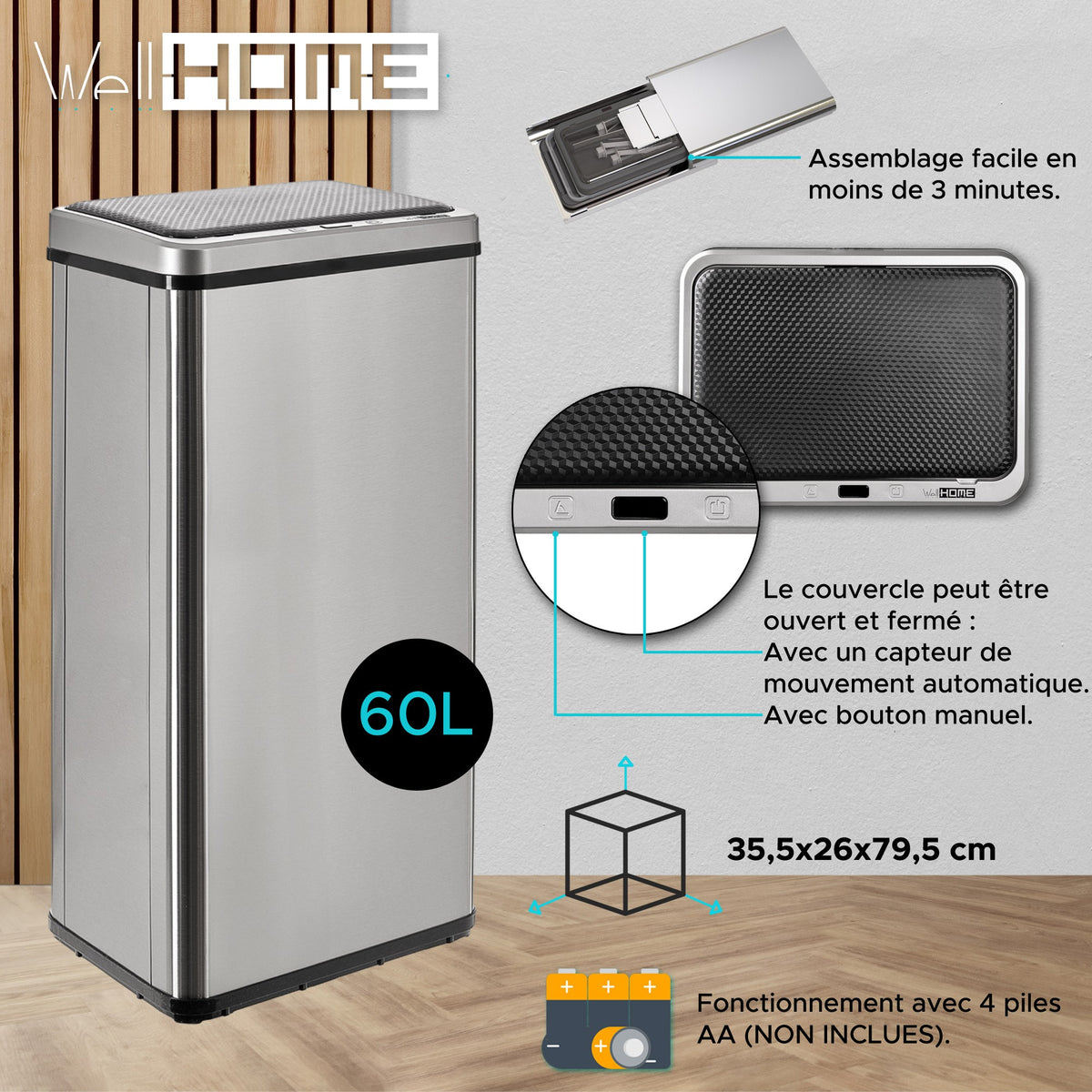 Cubo de basura inteligente sin patas apertura automática 60L gris (13)