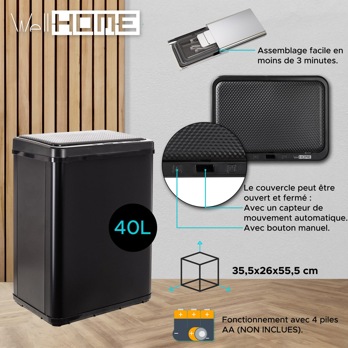 Cubo de basura con sensor apertura automática 40L negro (13)