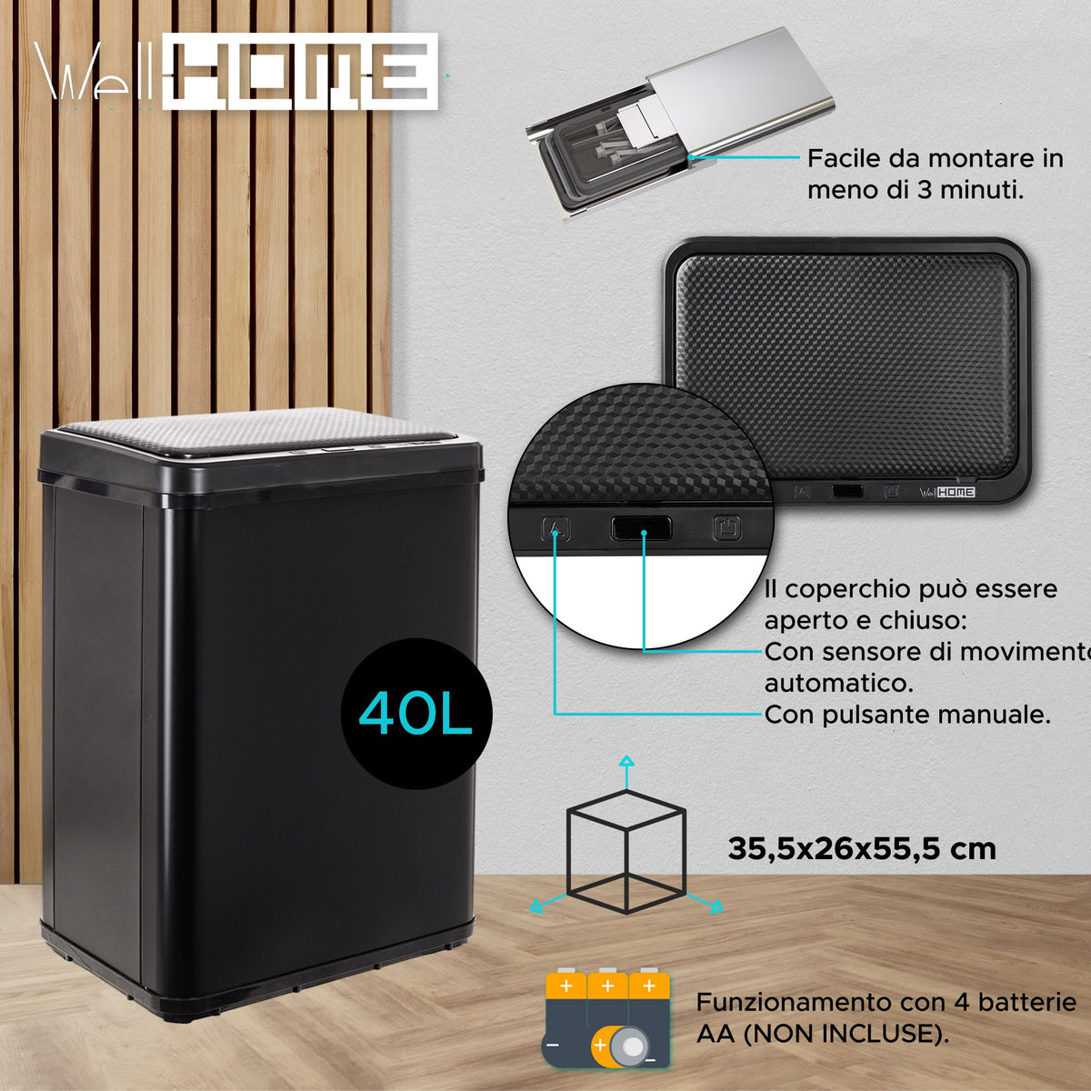 Cubo de basura con sensor apertura automática 40L negro (14)