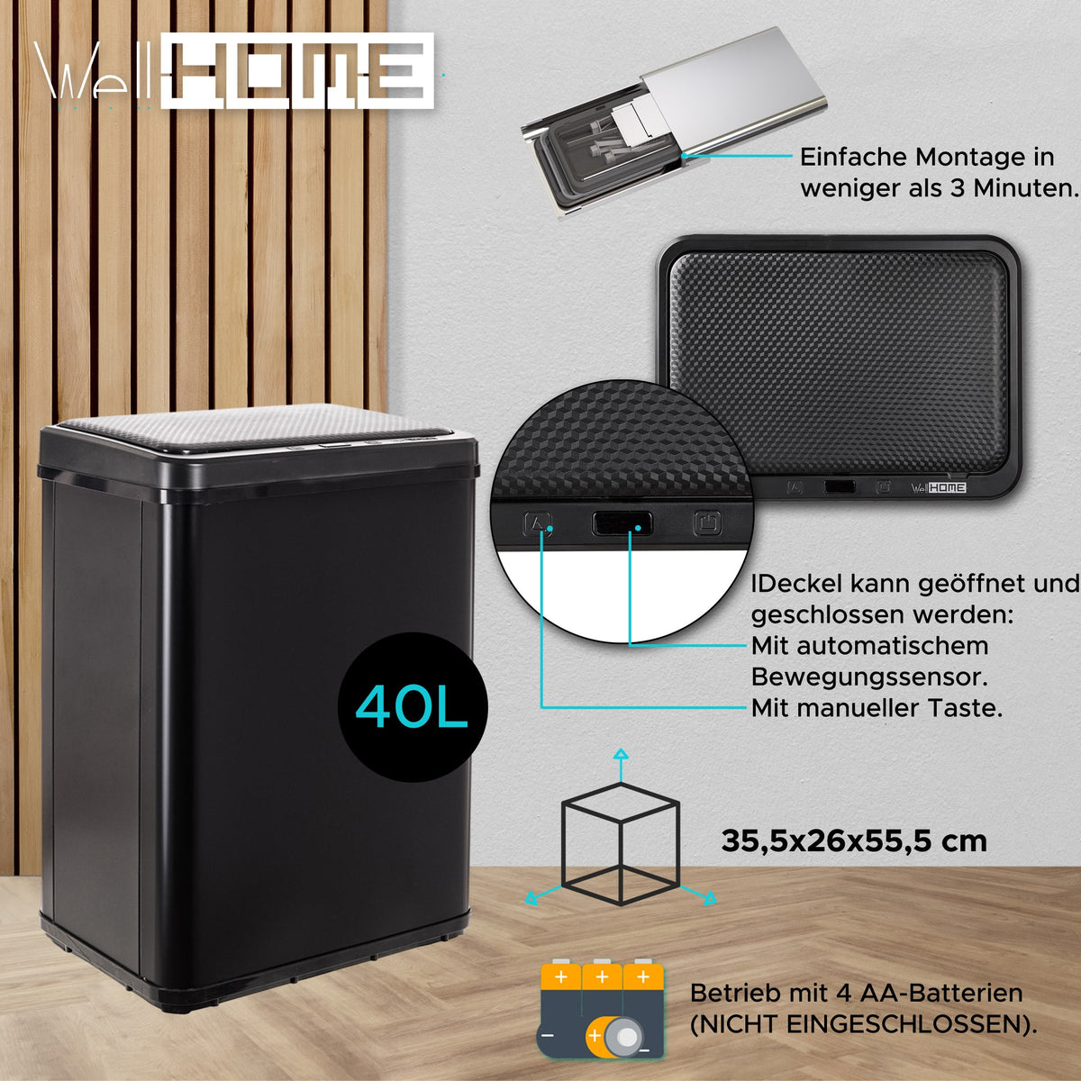 Cubo de basura con sensor apertura automática 40L negro (15)
