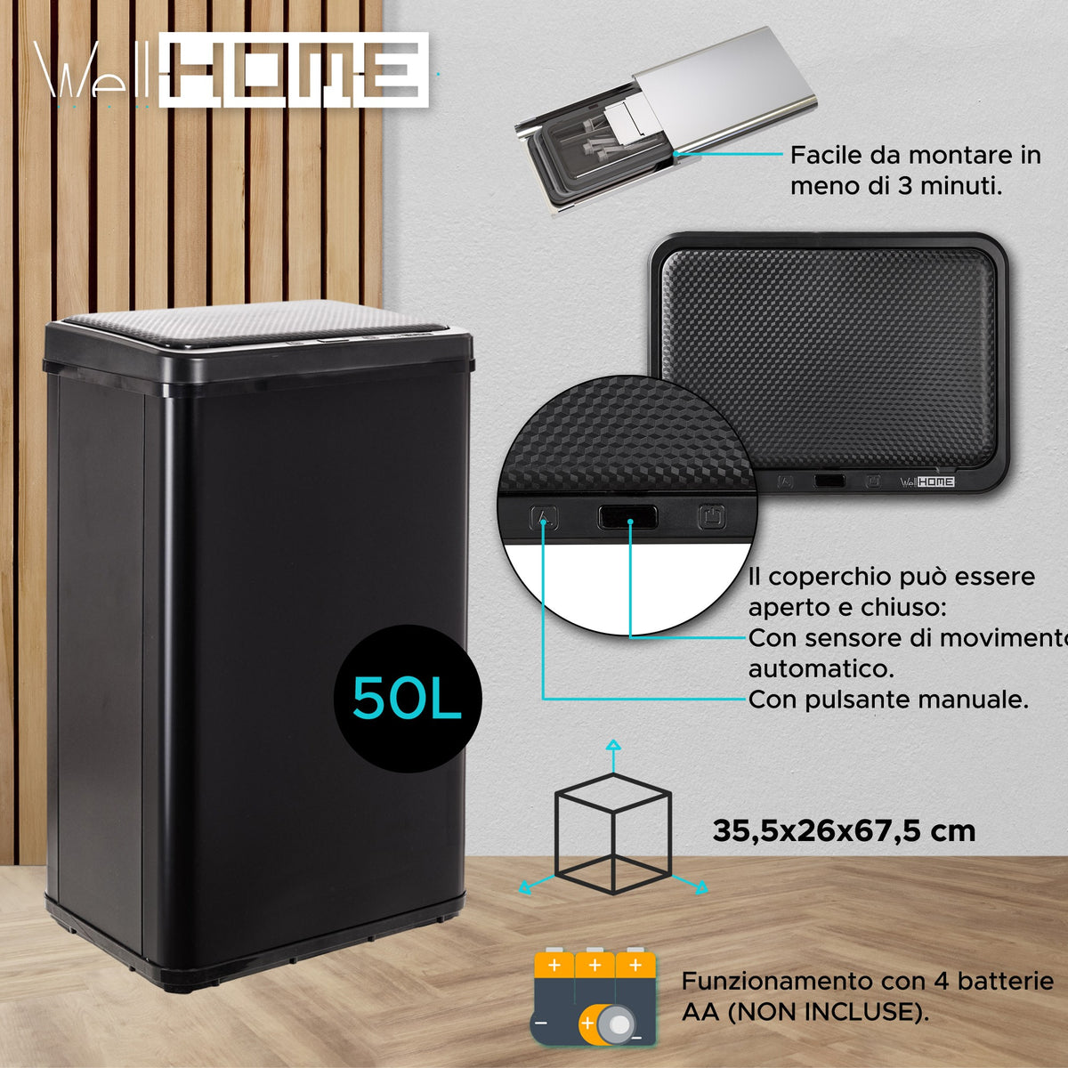 Cubo de basura con sensor apertura automática 50L negro (14)
