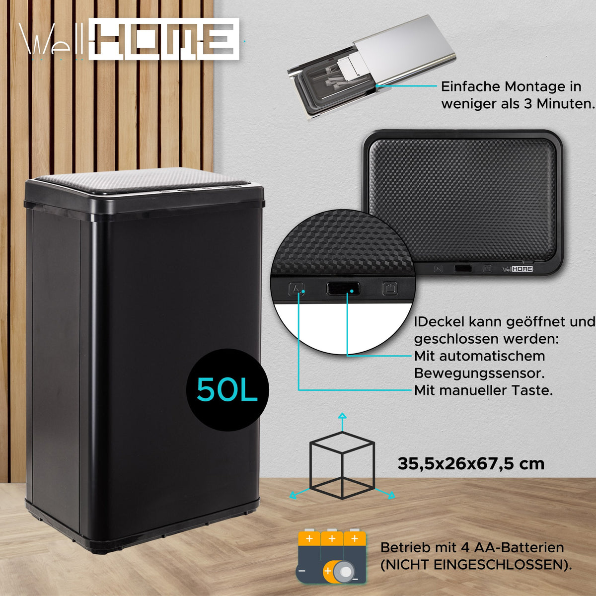 Cubo de basura con sensor apertura automática 50L negro (15)