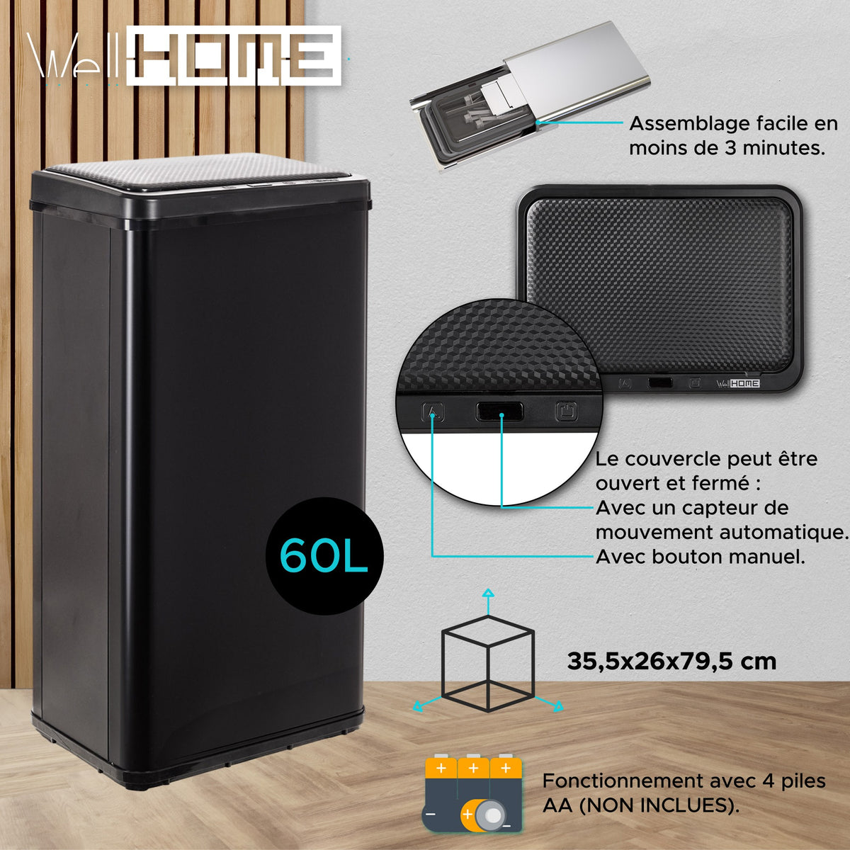 Cubo de basura con sensor apertura automática 60L negro (12)