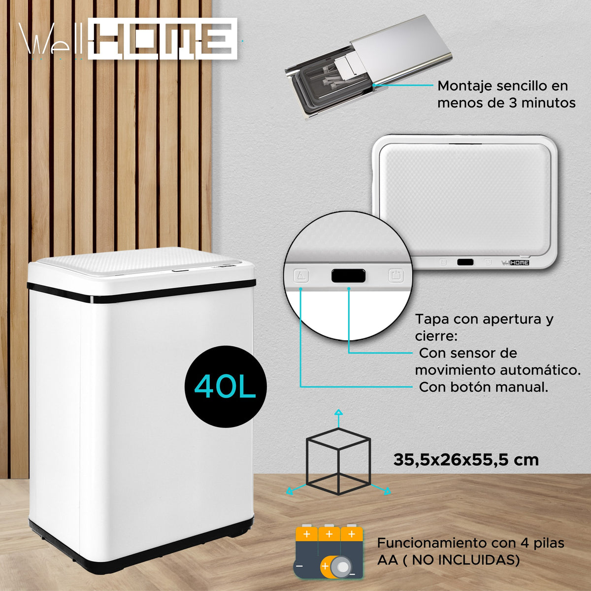 Cubo de basura con sensor apertura automática 40L blanco (2)