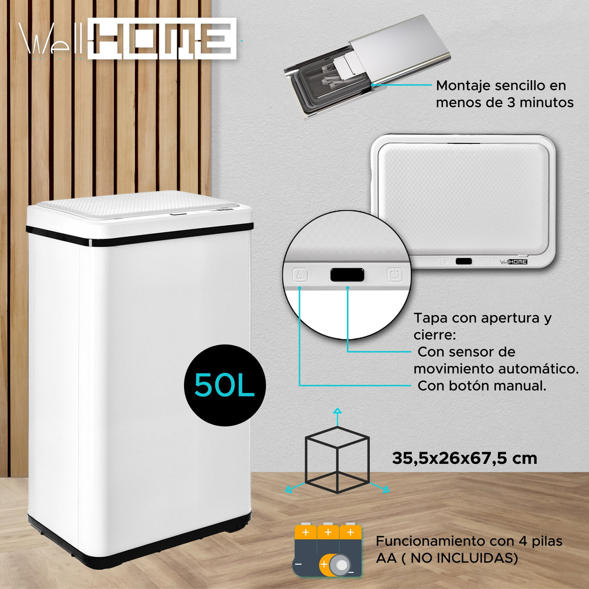 Cubo de basura con sensor apertura automática 50L blanco (2)
