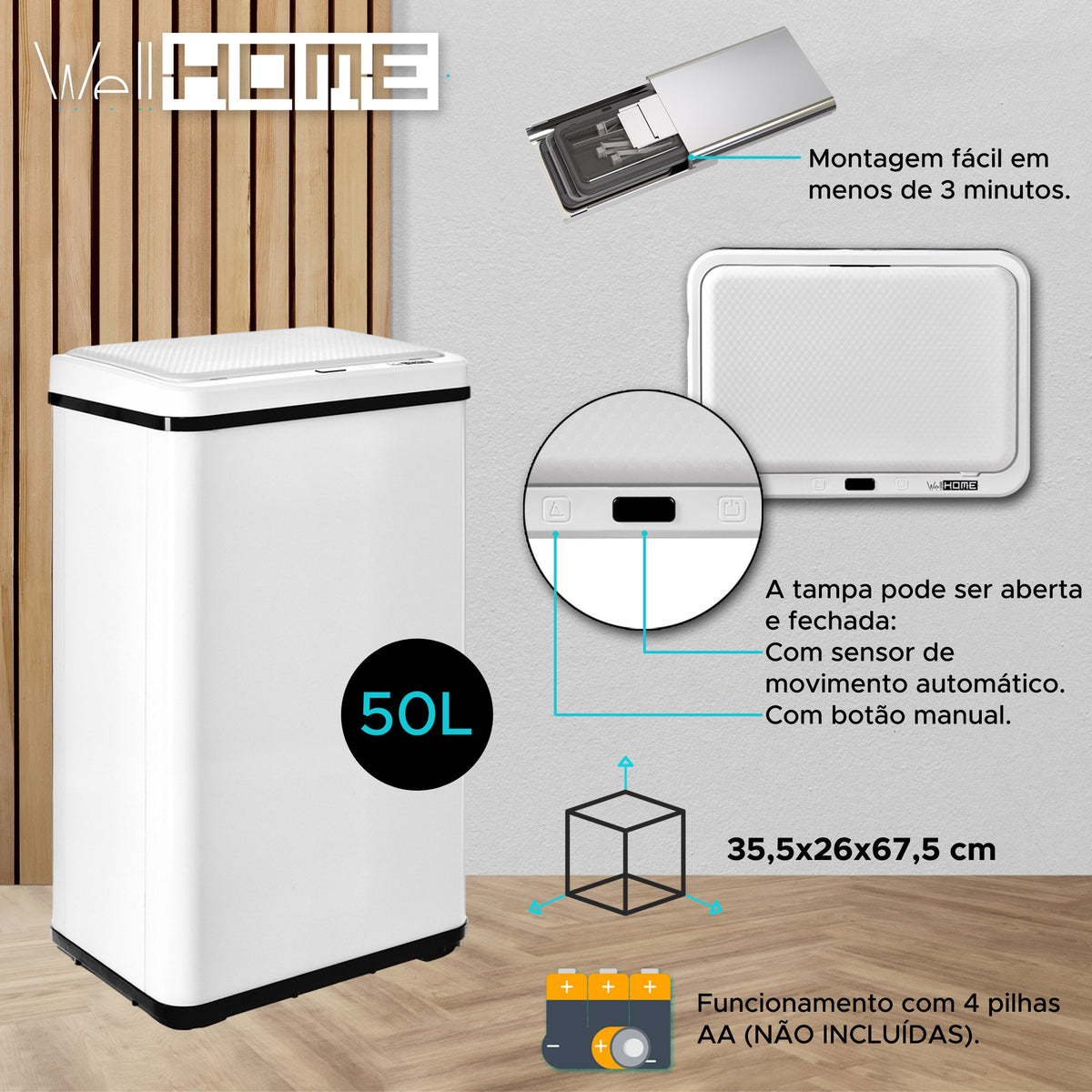 Cubo de basura con sensor apertura automática 50L blanco (14)