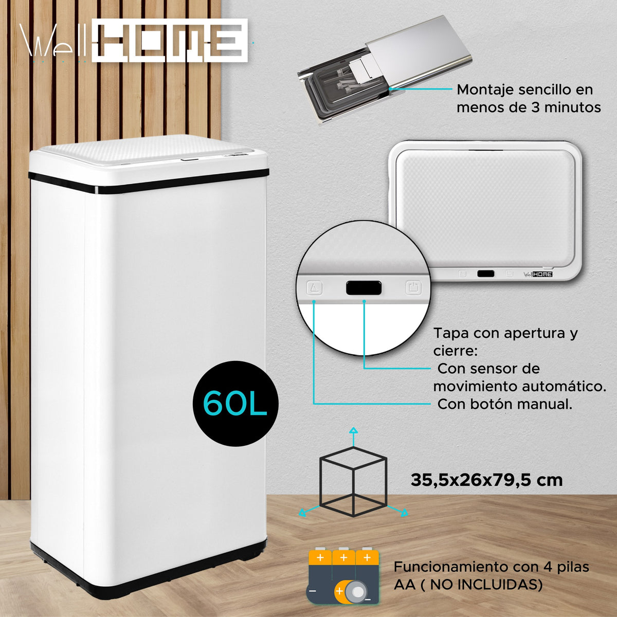 Cubo de basura con sensor apertura automática 60L blanco (2)