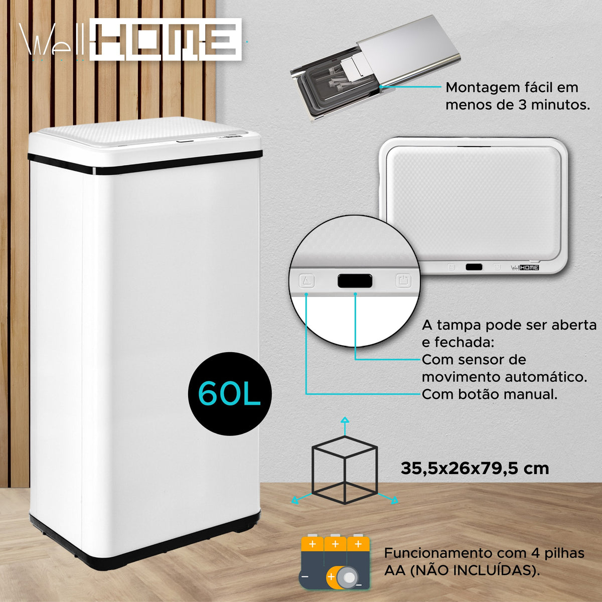Cubo de basura con sensor apertura automática 60L blanco (14)