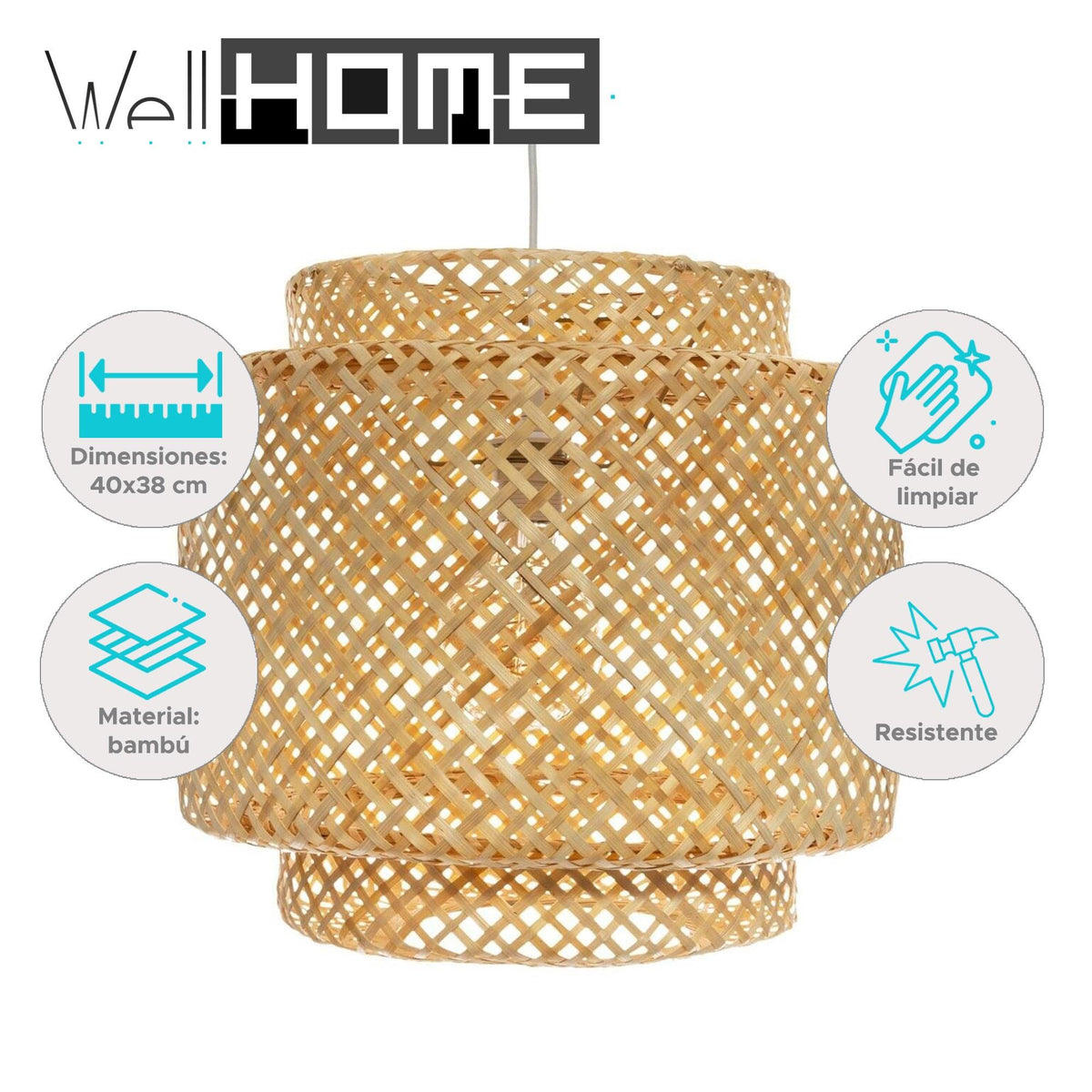 Lámpara colgante techo bambú Ø38x40cm casquillo E27 cable 80cm (2)