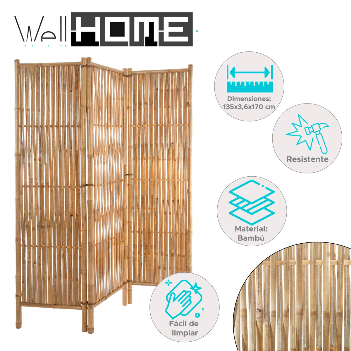 Biombo decorativo bambú 3 paneles estilo rústico H.170cm (2)