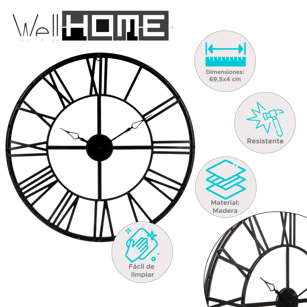Reloj vintage metal negro para interior Ø69,5cm (2)