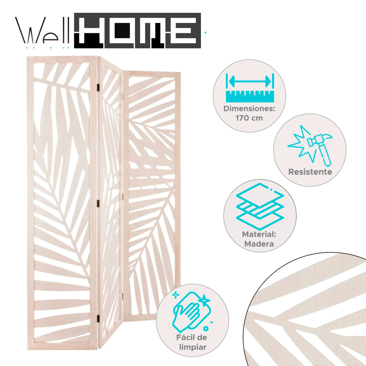 Biombo decorativo madera moderno 3 paneles blanco H.170cm (2)