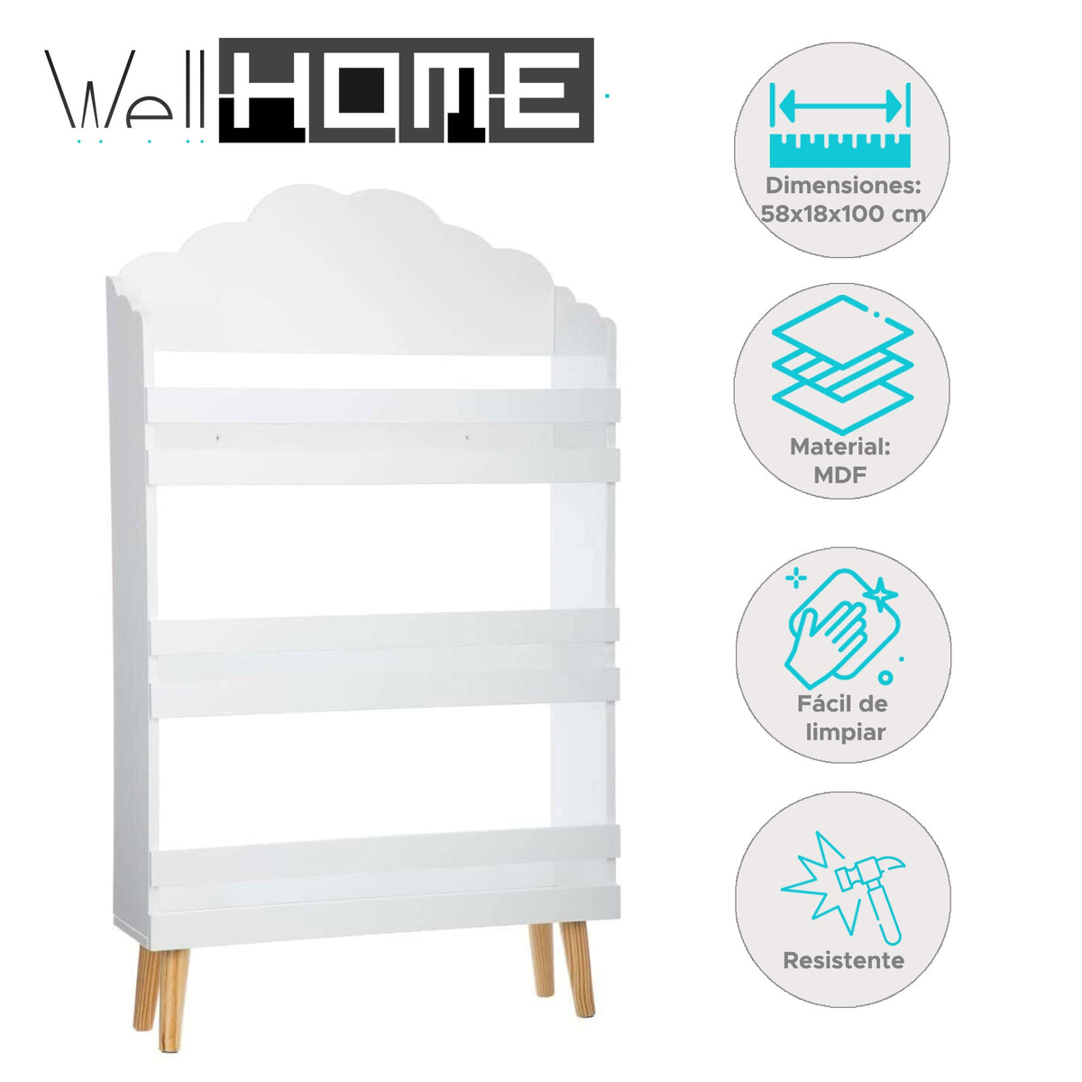 Biblioteca madera 3 estantes diseño nube color blanco H.100cm (2)