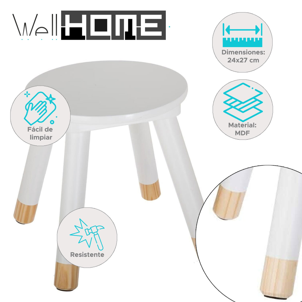 Taburete infantil madera blanco H.26cm 4 patas (2)