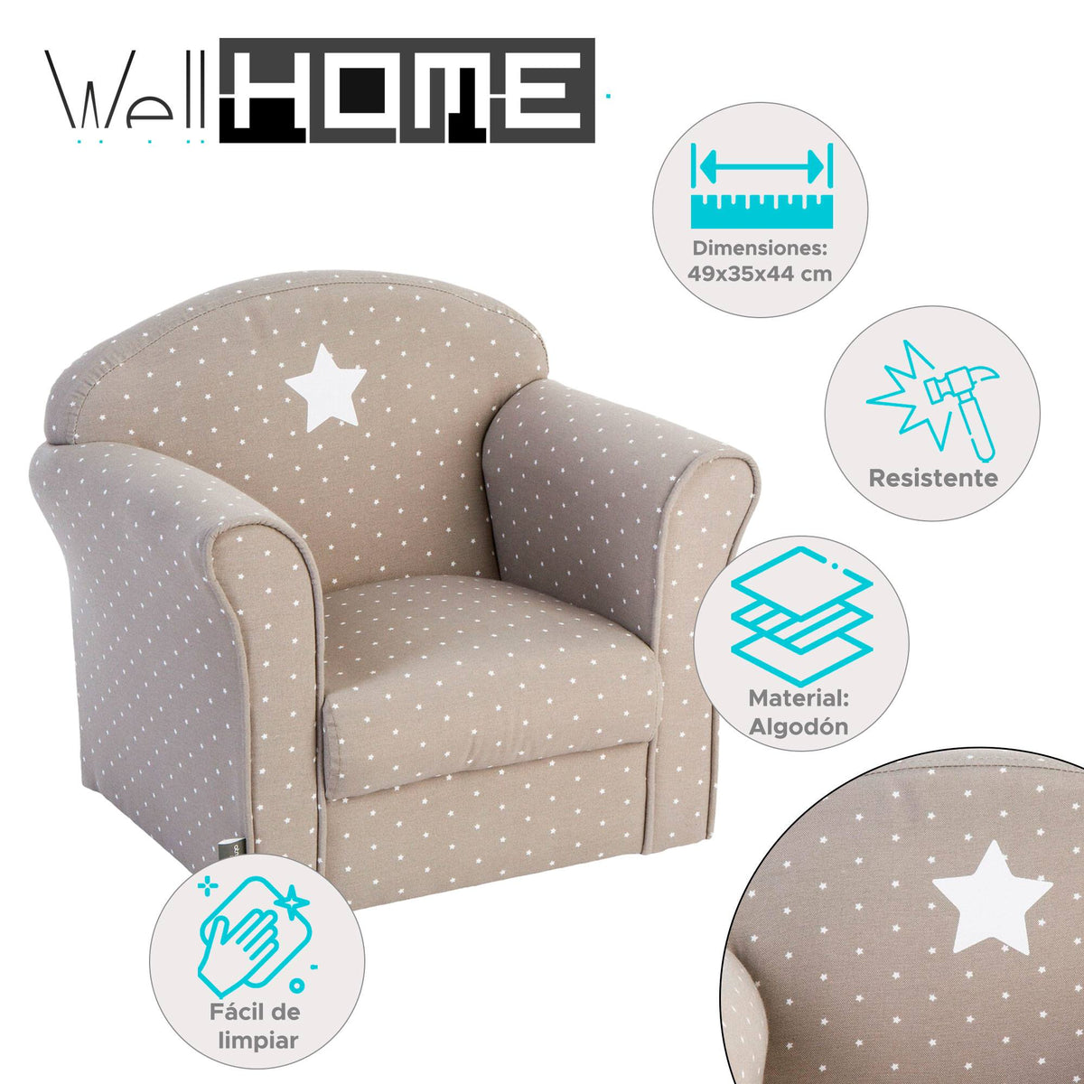 Sillón infantil Classic gris topo con estampado 49x35,2x44cm (2)