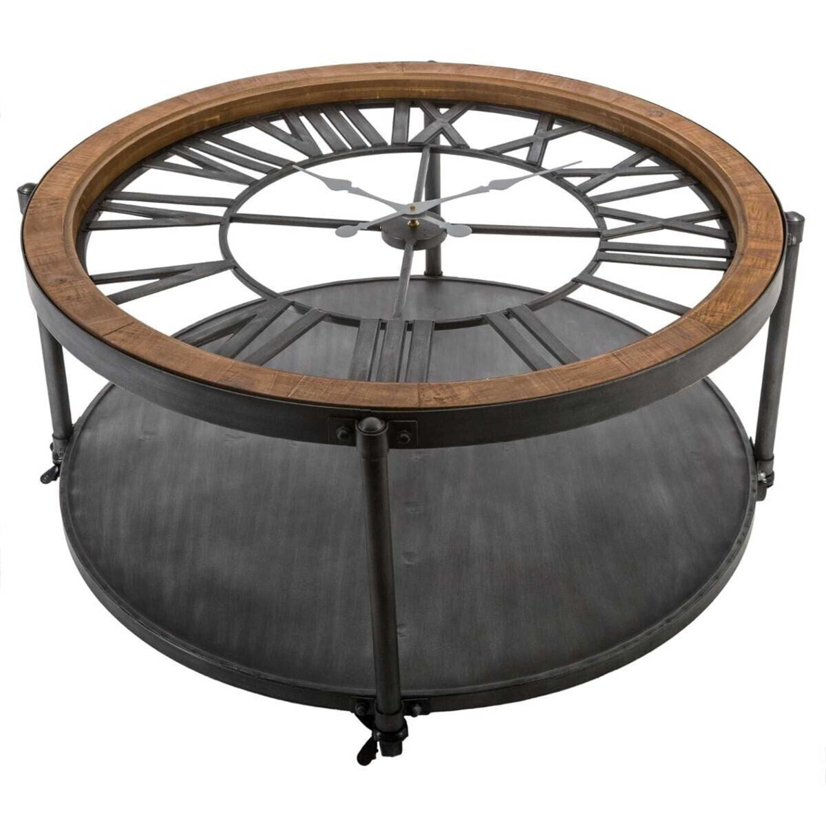 Mesa auxiliar baja con reloj estilo retro madera y metal negro