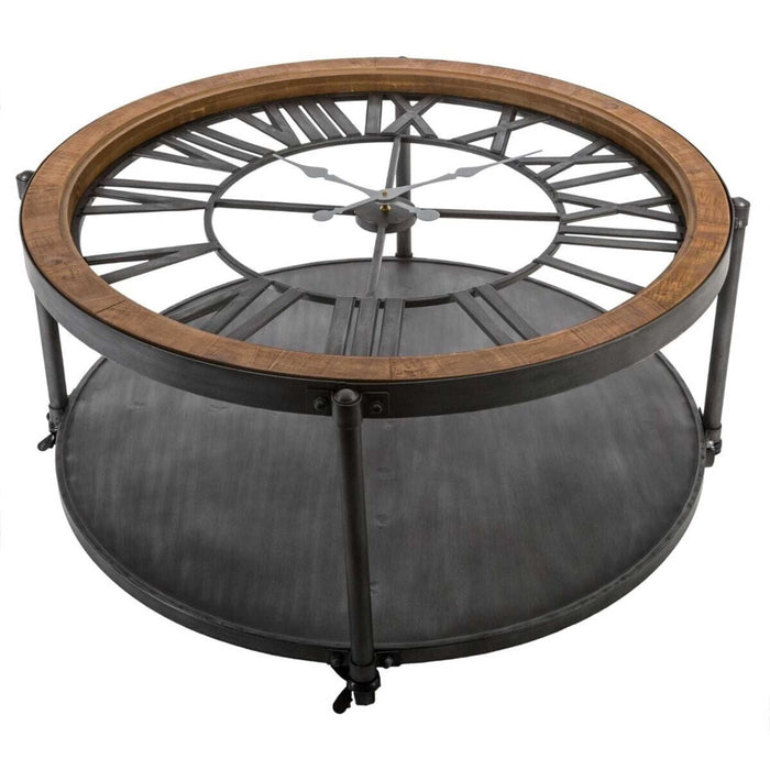 Mesa auxiliar baja con reloj estilo retro madera y metal negro