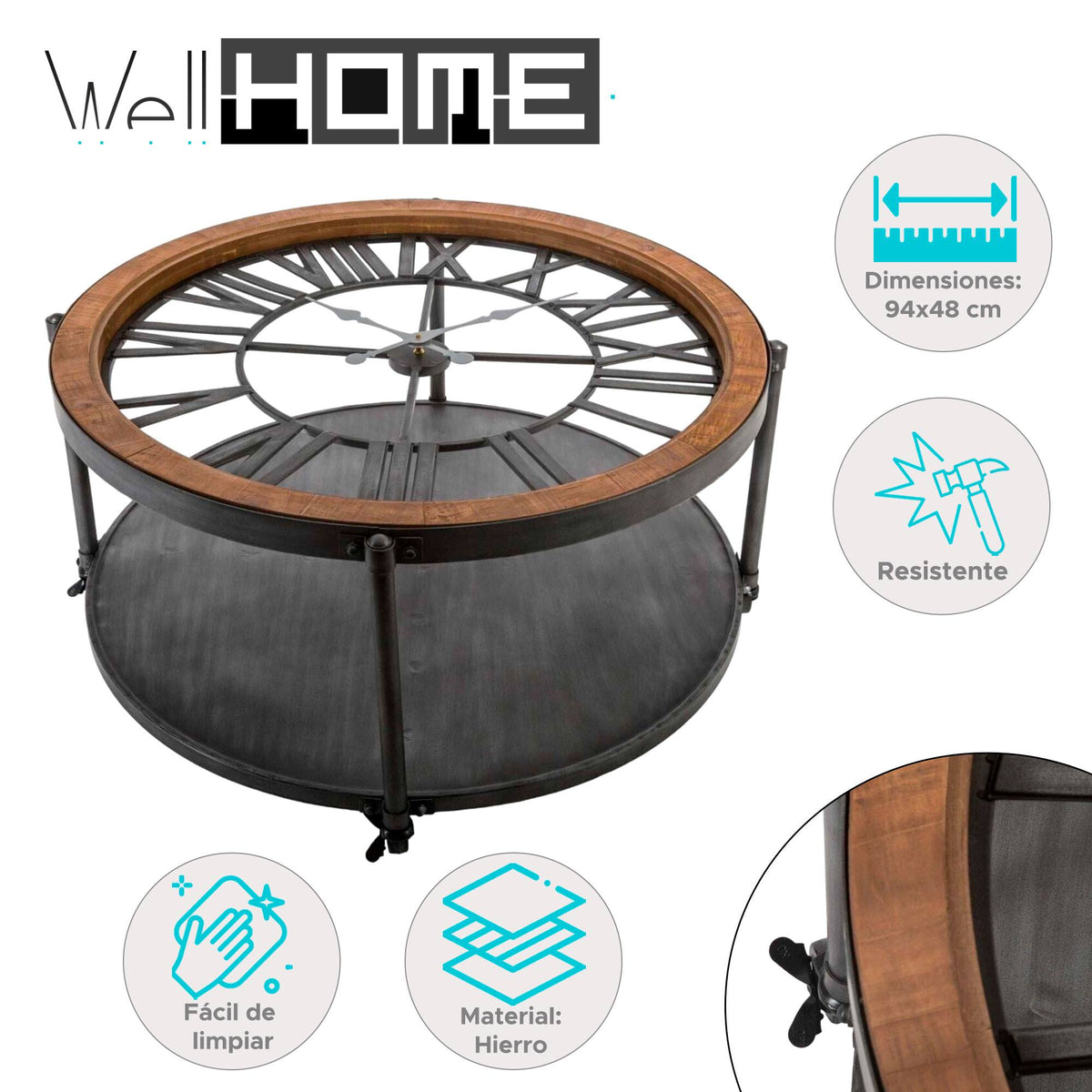 Mesa auxiliar baja con reloj estilo retro madera y metal negro (2)