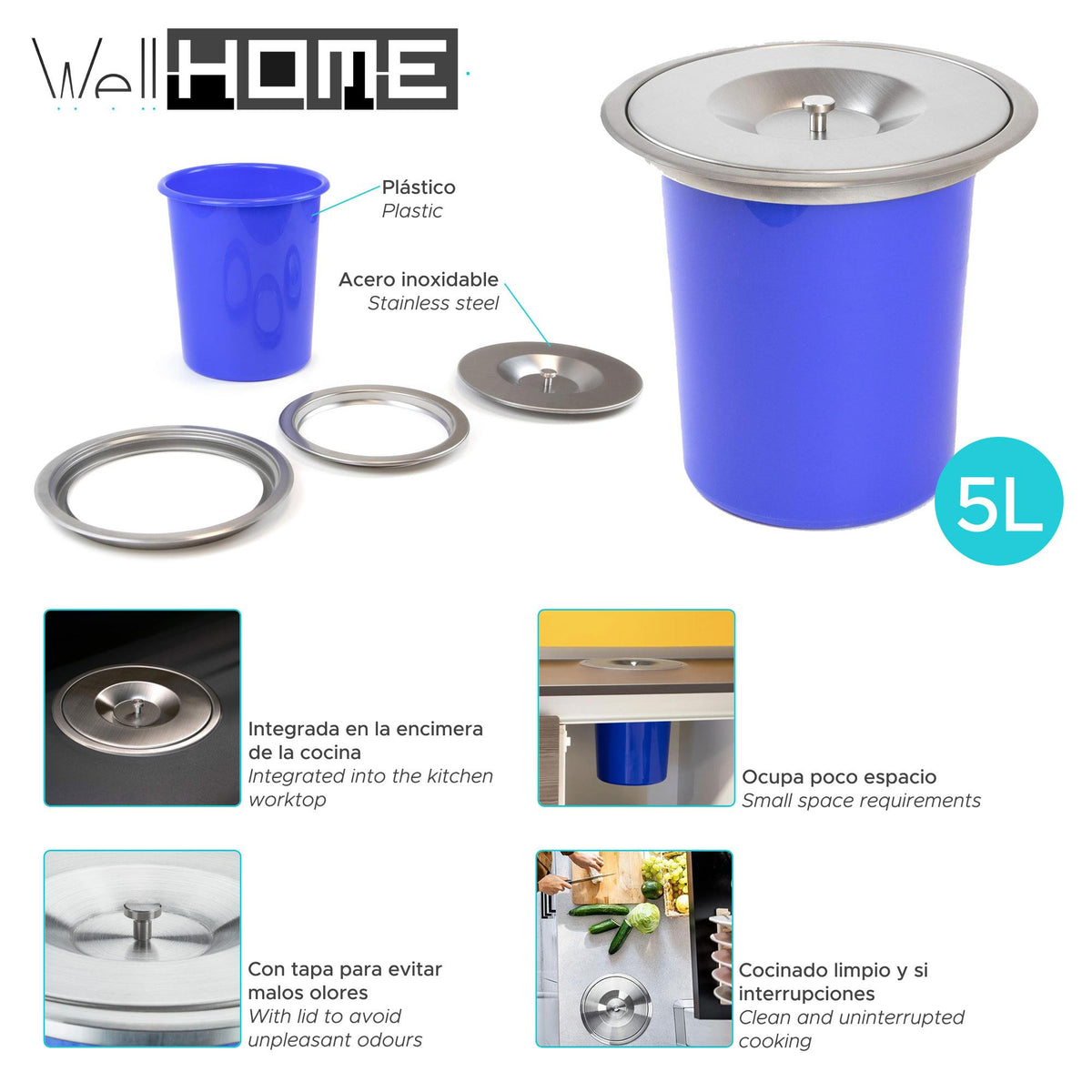 Cubo de basura integrable encimera tapa inox 5 L azul (2)