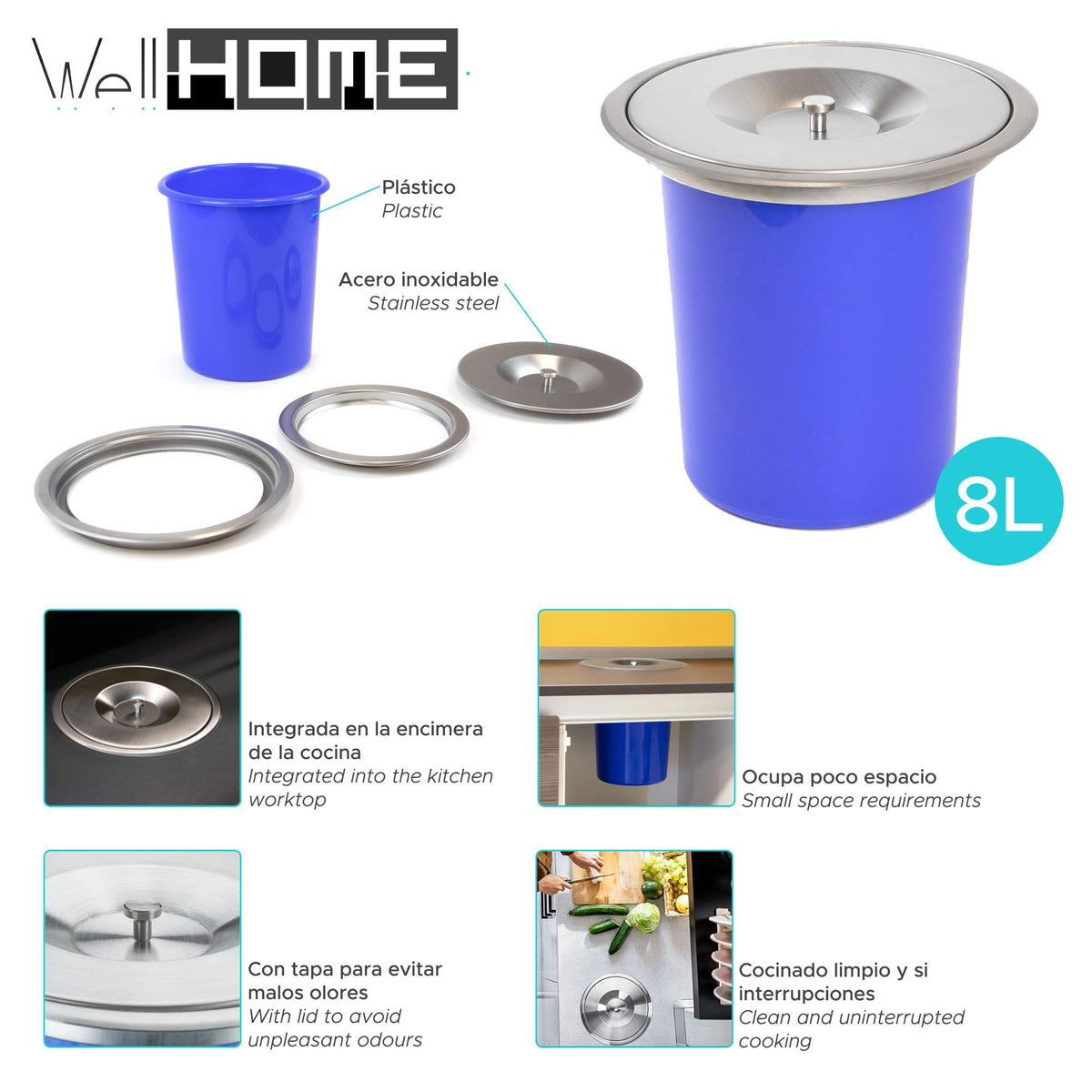 Cubo de basura integrable encimera tapa inox 8 L azul (2)
