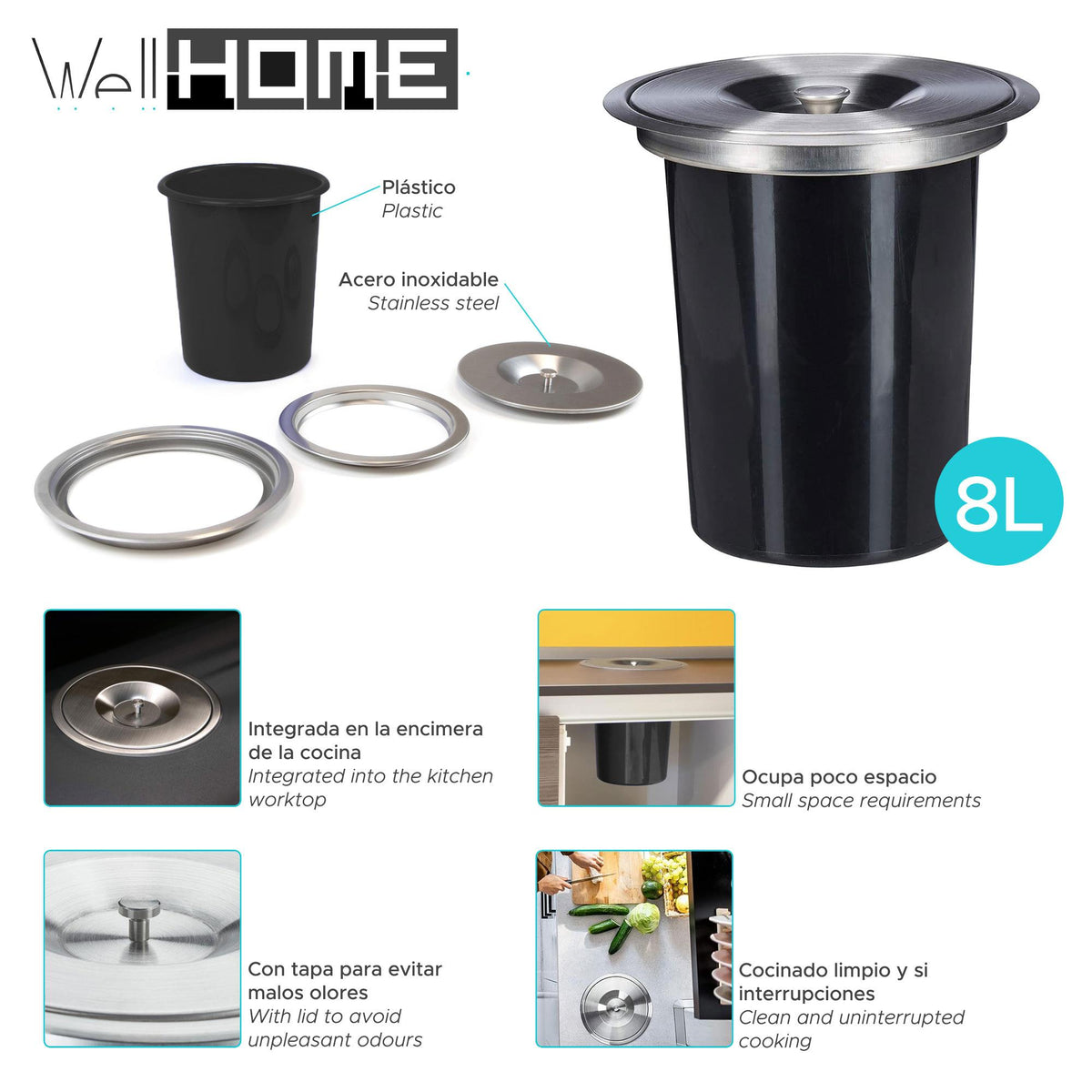 Cubo de basura integrable encimera tapa inox 8 L negro (2)