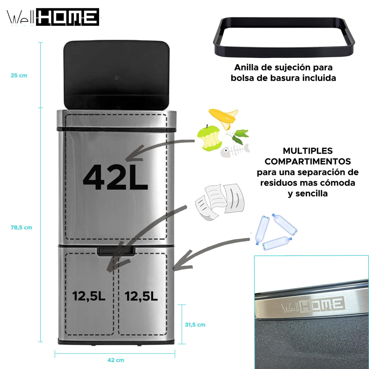 Papelera reciclaje sensor acero inox cromado 67L 2comp (2)