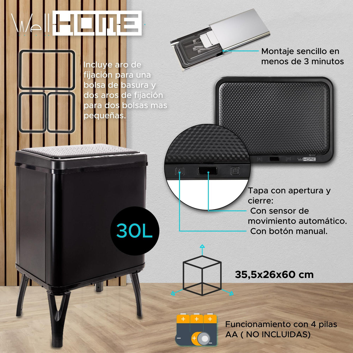 Cubo de basura inteligente apertura automática 30L negro (2)