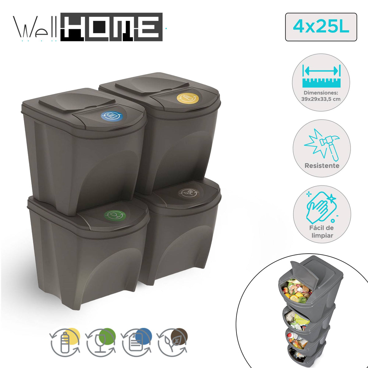 Set de 4 cubos de reciclaje gris 4x25L (2)