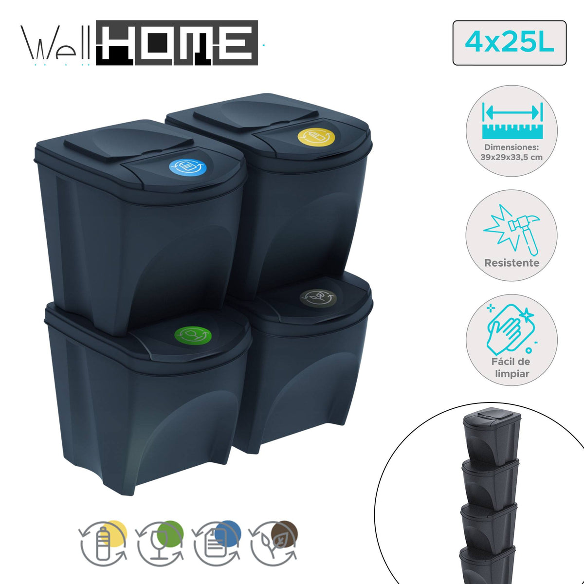 Set de 4 cubos de reciclaje antracita 4x25L (2)