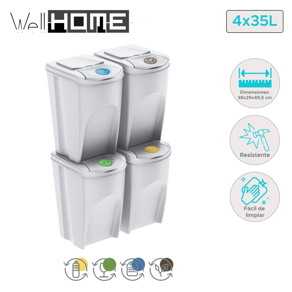 Set de 4 cubos de reciclaje blanco roto 4x35L (2)
