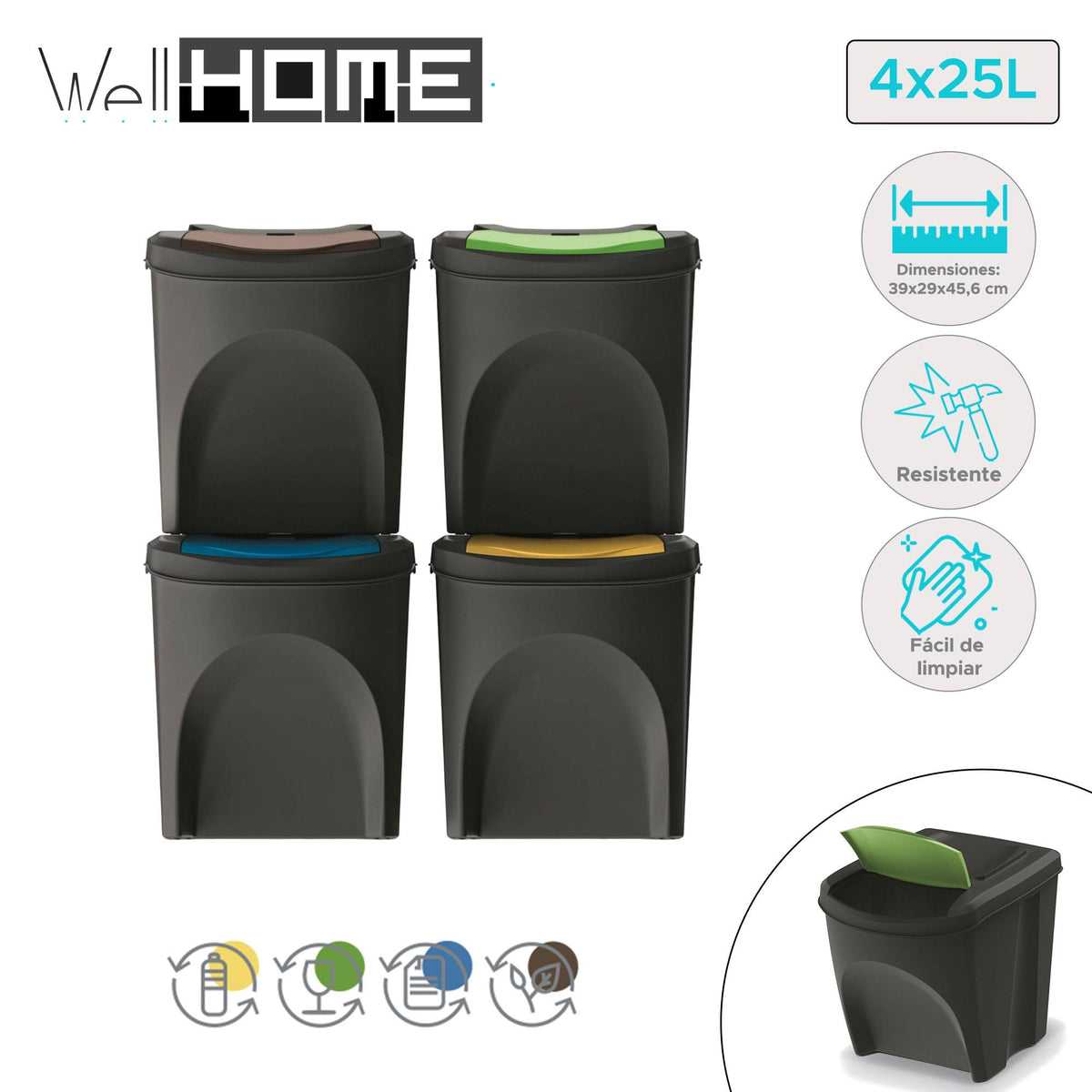 Set de 4 cubos de basura plástico reciclado negro 4x25L (2)