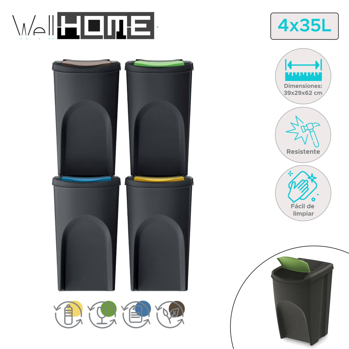 Set de 4 cubos de basura plástico reciclado negro 4x35L (2)