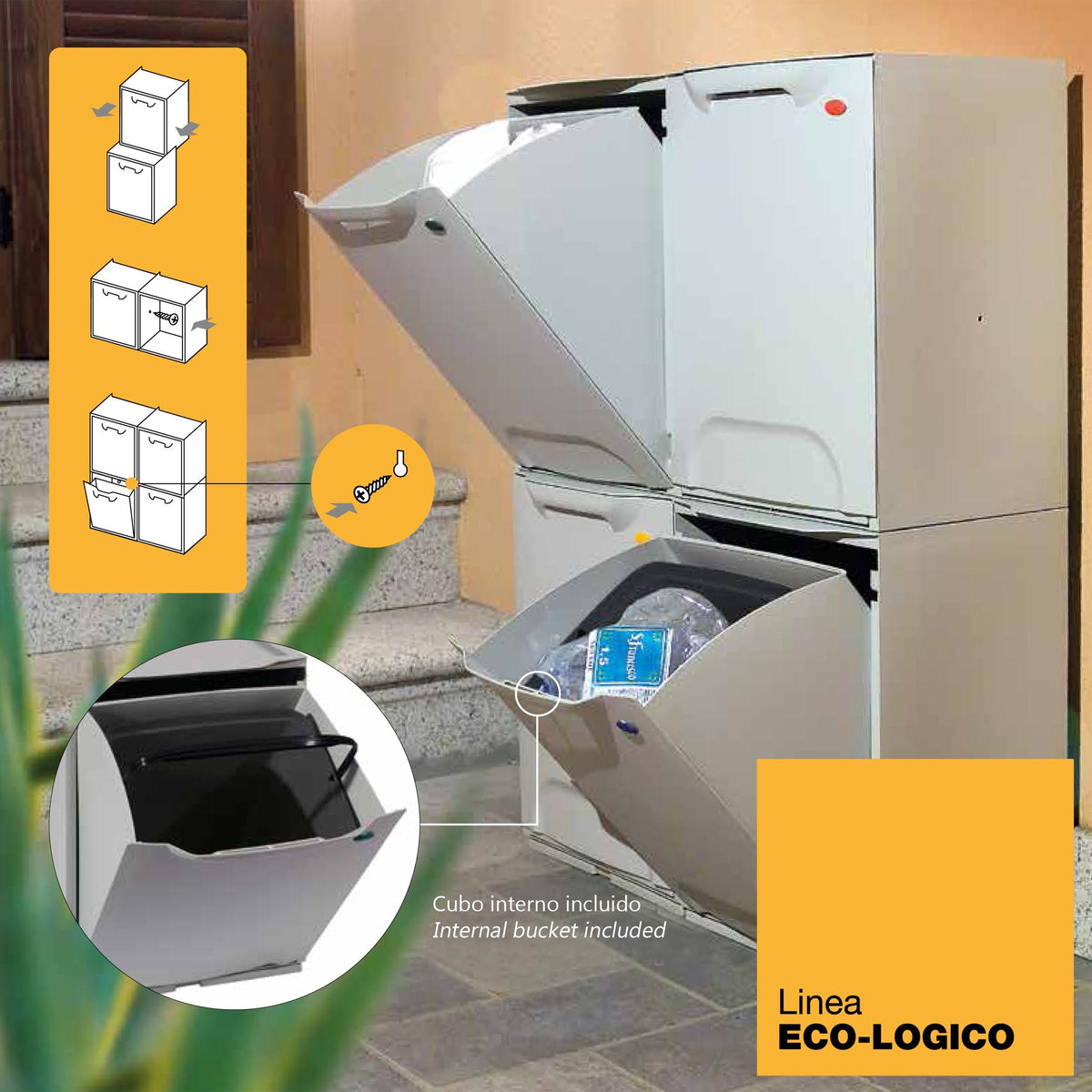 Papelera reciclaje polipropileno 20L con depósito interior blanco (3)