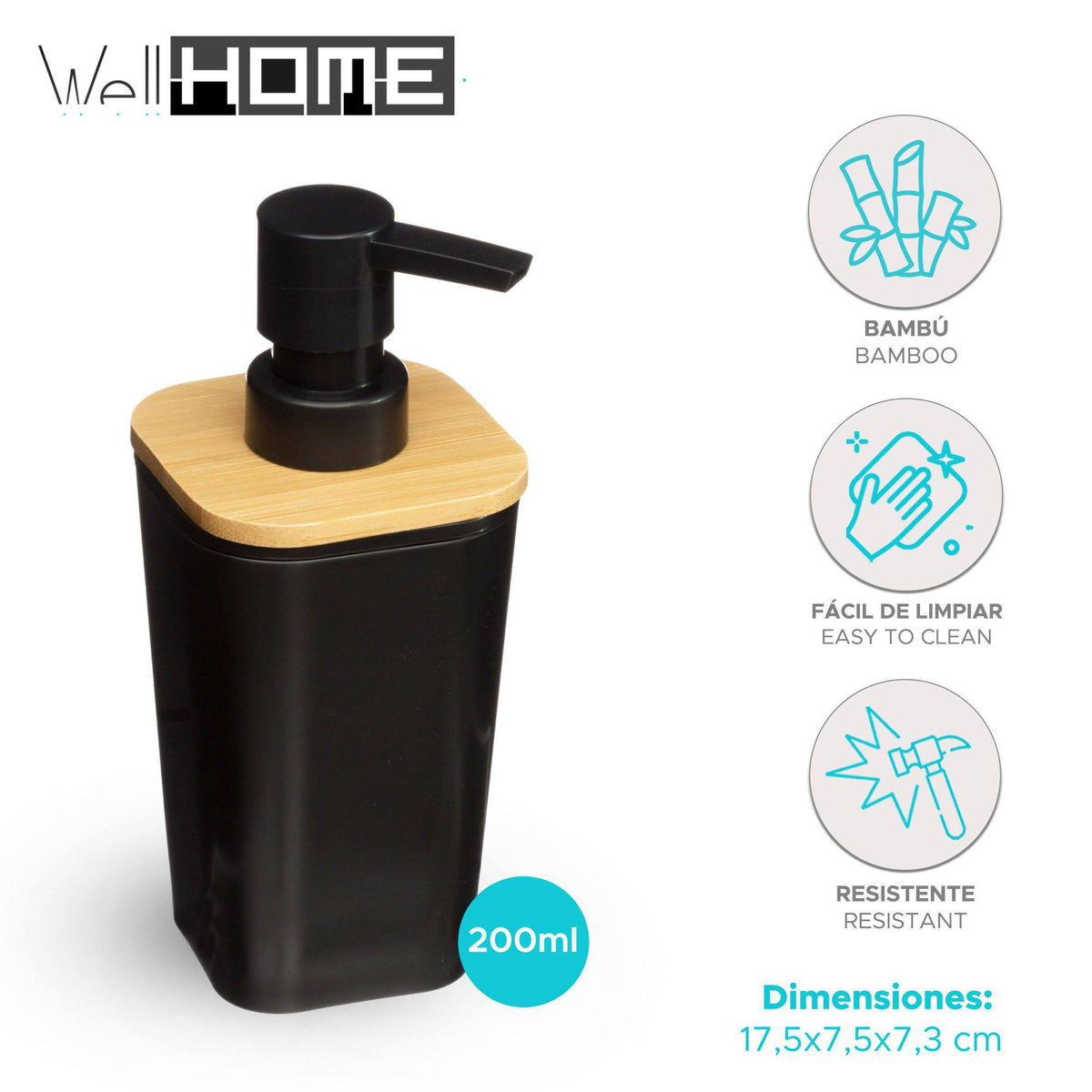 Dispensador de jabón 200ml negro Natureo diseño moderno (2)