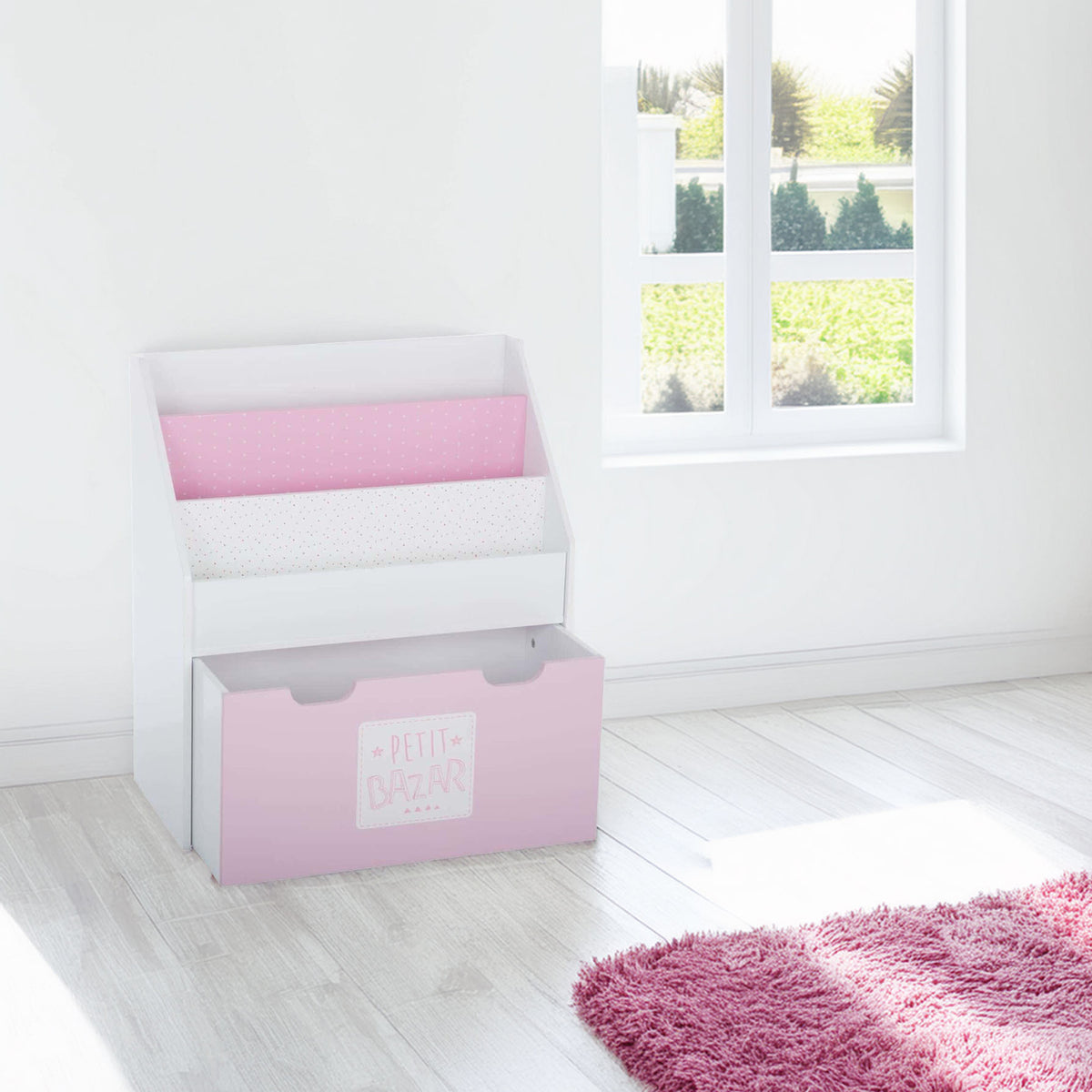 Estantería con cajón, ruedas y diseño rosa 62,7x30x70cm (4)