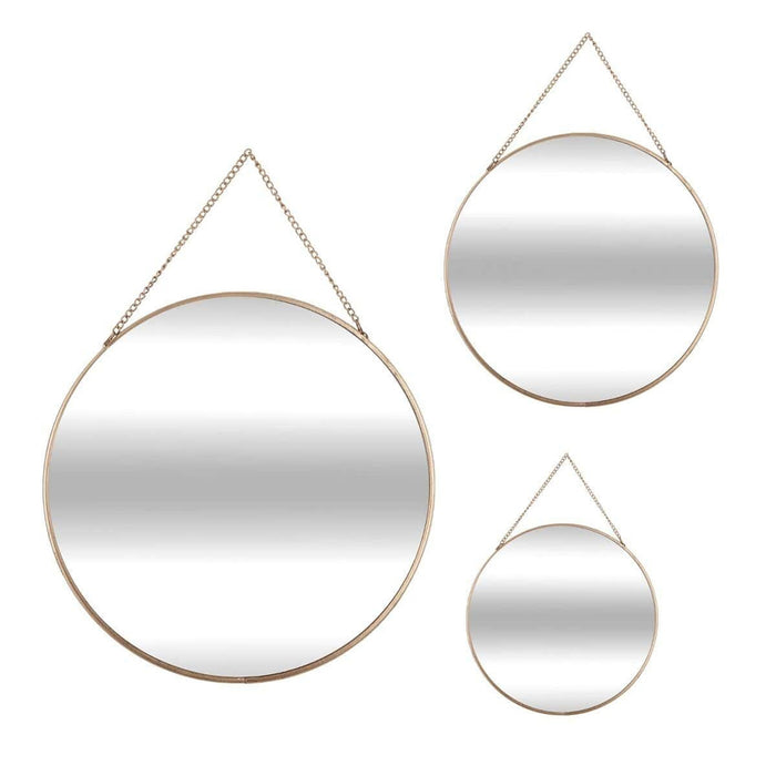Set 3 espejos redondos metal dorado con cadena Ø20 Ø24 Ø29cm