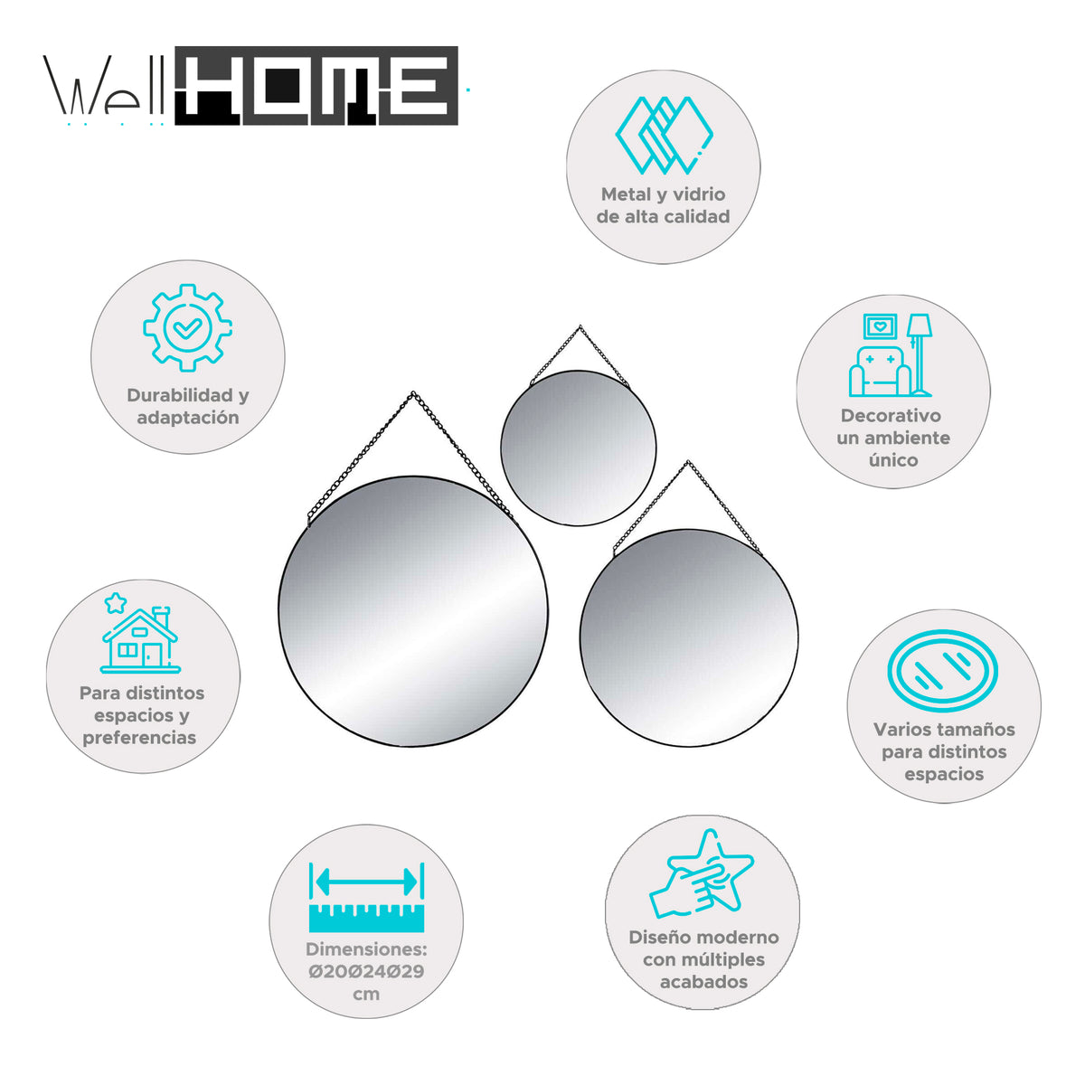Conjunto 3 espejos redondos decorativos metal Ø20 Ø24 Ø29cm (2)
